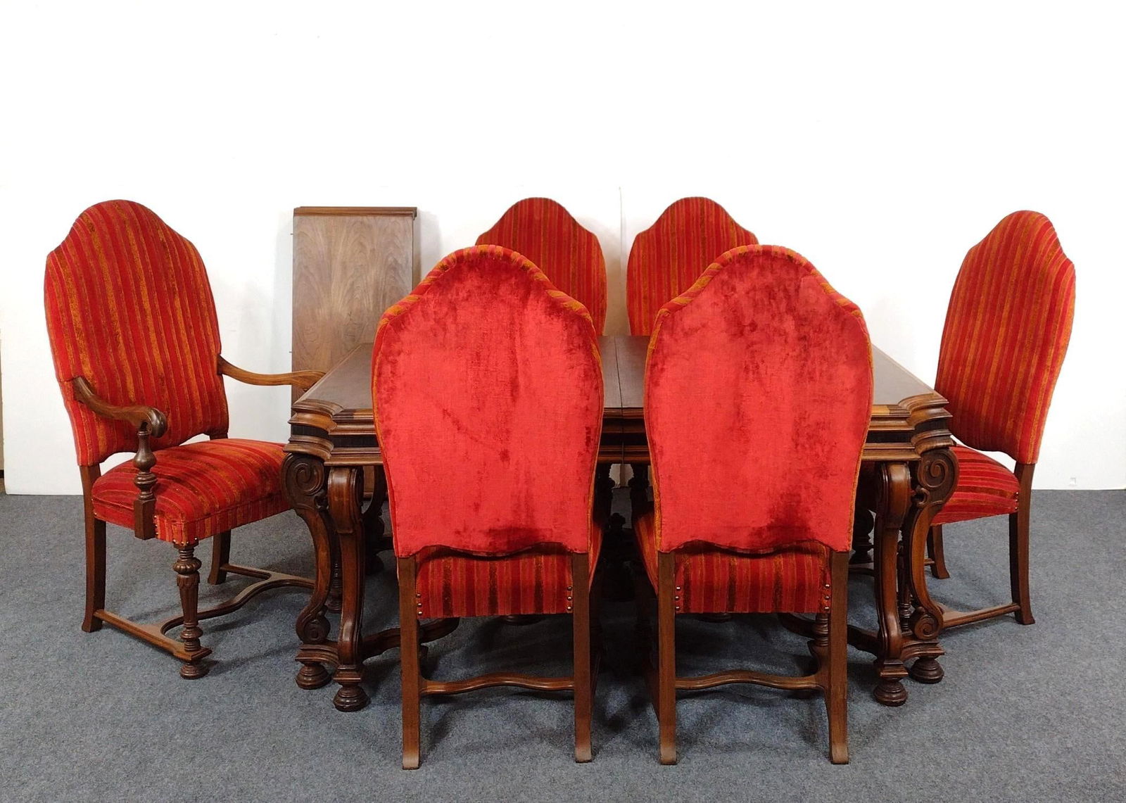 Hellam Furniture Co Dining Suite #550: NOT ELIGIBLE FOR IN-HOUSE SHIPPING: See Terms for Shipping Options. Table 66" wide X 46" deep X 30-1/2" high. Table leaf 18" wide. Side Chairs 21" wide X 21" deep X 47" high arm Chair 25-1/4" wide X
