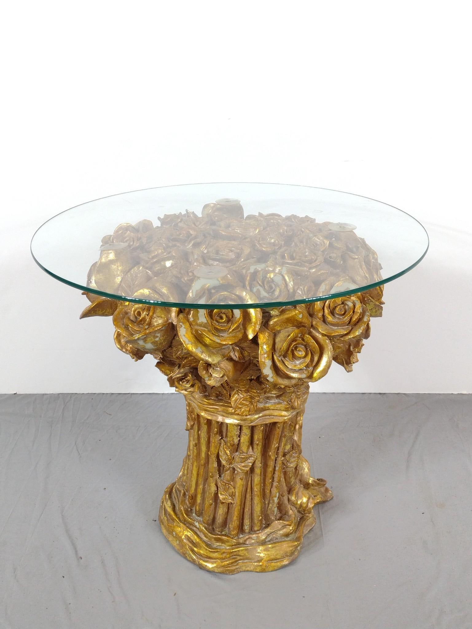 Glass Top Resin Rose Table: NOT ELIGIBLE FOR IN-HOUSE SHIPPING: See Terms for Shipping Options. 27-1/2" diameter X 26" high. Base has large areas of paint loss.