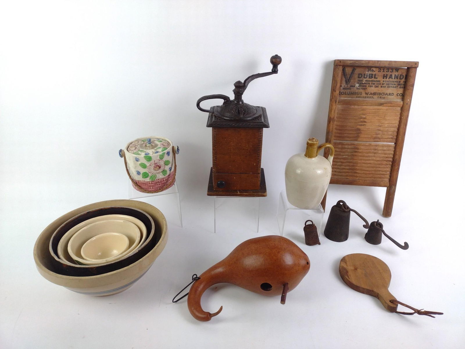 Primitive and Vintage Decorative Items: Includes washboard, bowls, coffee grinder, and more.