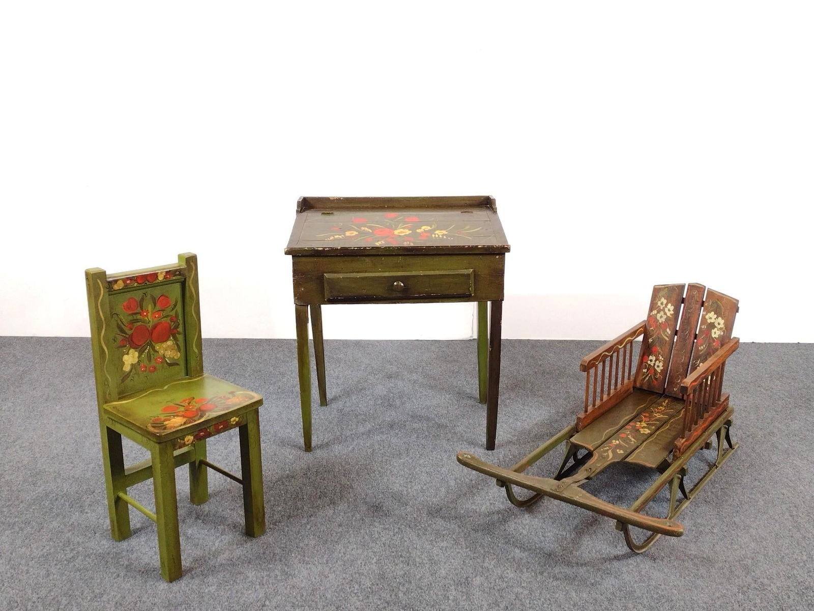 Hand Painted Desk, Chair & Sled: NOT ELIGIBLE FOR IN-HOUSE SHIPPING: See Terms for Shipping Options. Desk 25" wide X 17" deep X 28-1/2" high. Chair 11" wide X 11" deep X 27" high. Sled 22-1/2" wide X 36" deep X 19" high. All have