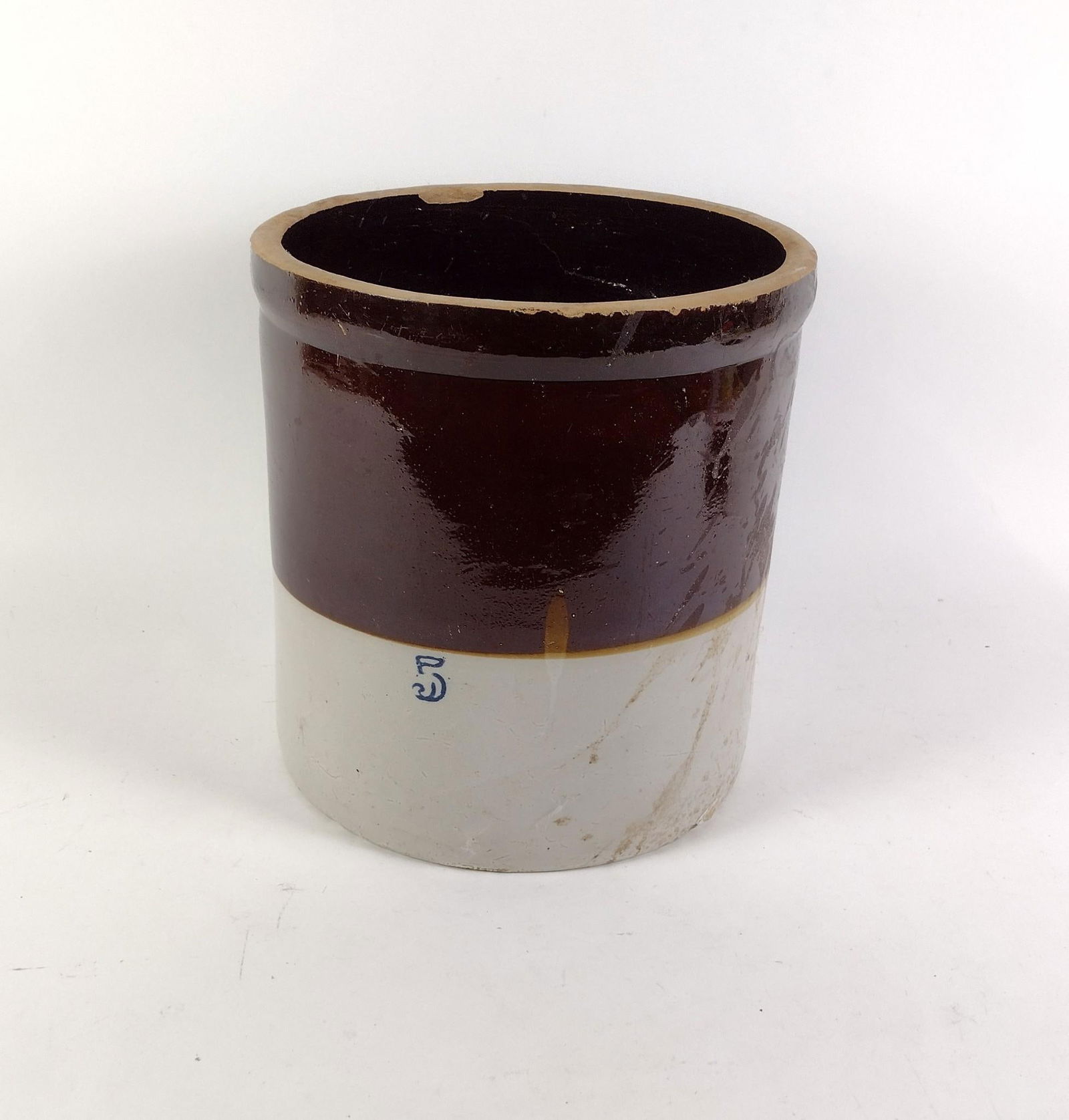 5 Gallon Stoneware Crock: Some losses. 12-1/4" wide x 12-3/4" high.