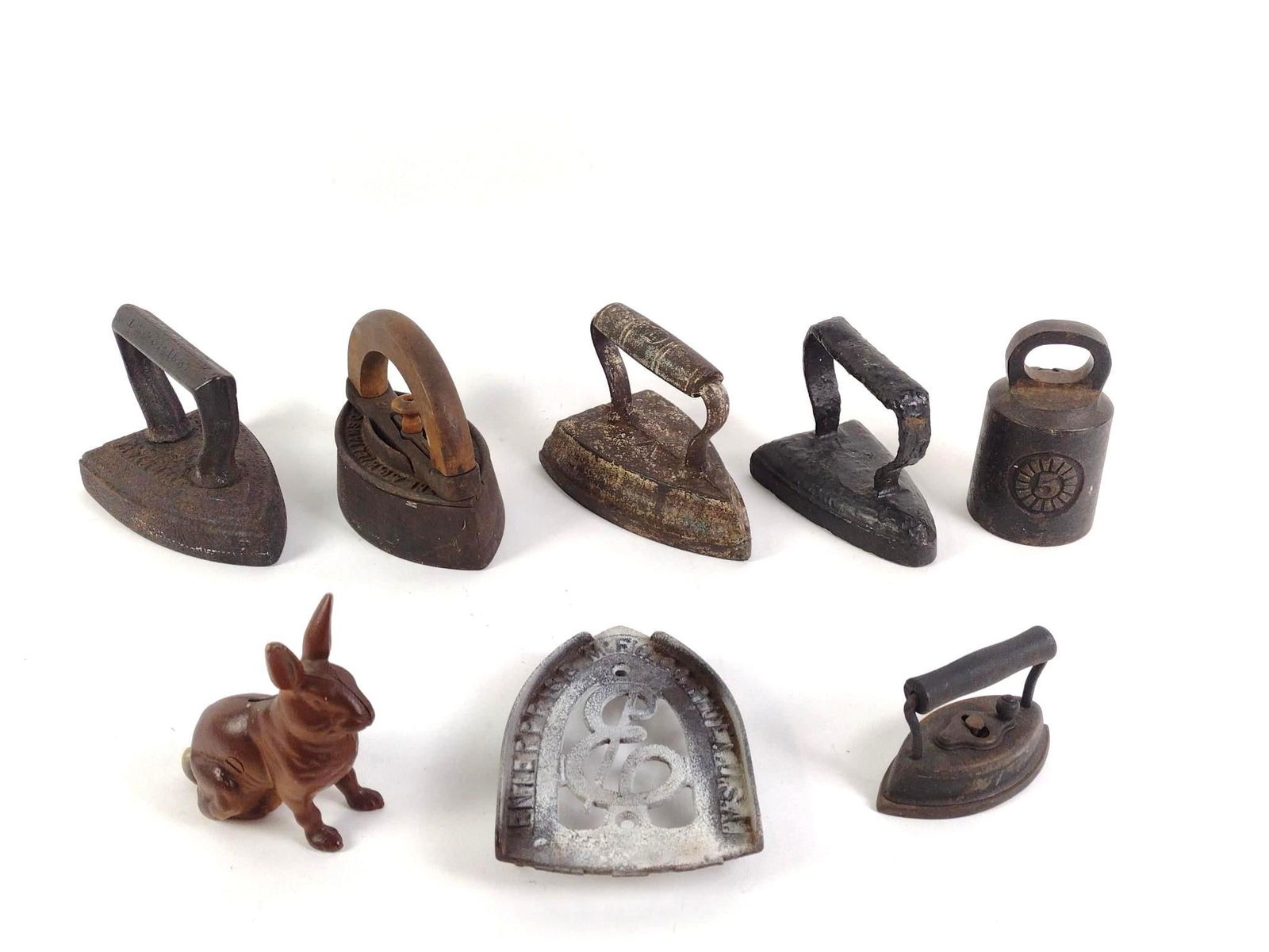 8 Cast Iron Items incl. Irons and Bank (1 of 4)
