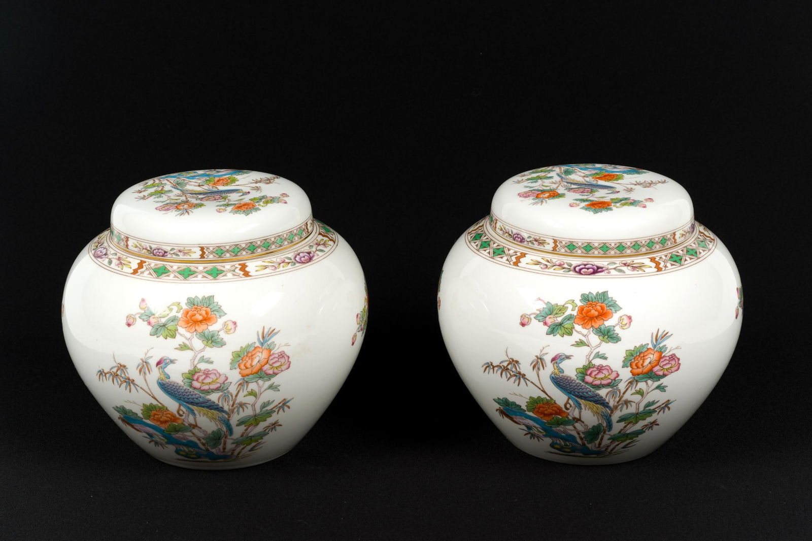Pair of Wedgewood "Kutani Crane" Ginger Jars: Both marked. 7" wide x 6-1/4" high.