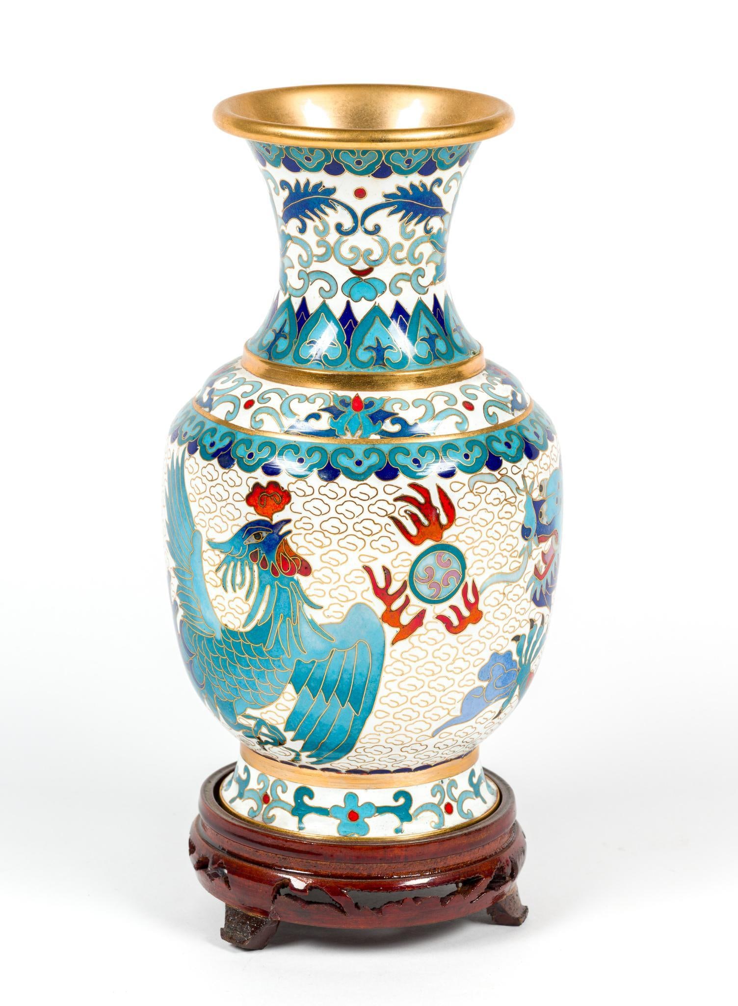 Blue & White Cloisonne Vase w/ Stand: Stamped on bottom. Overall with stand 4-1/2" wide x 9-1/4" high.