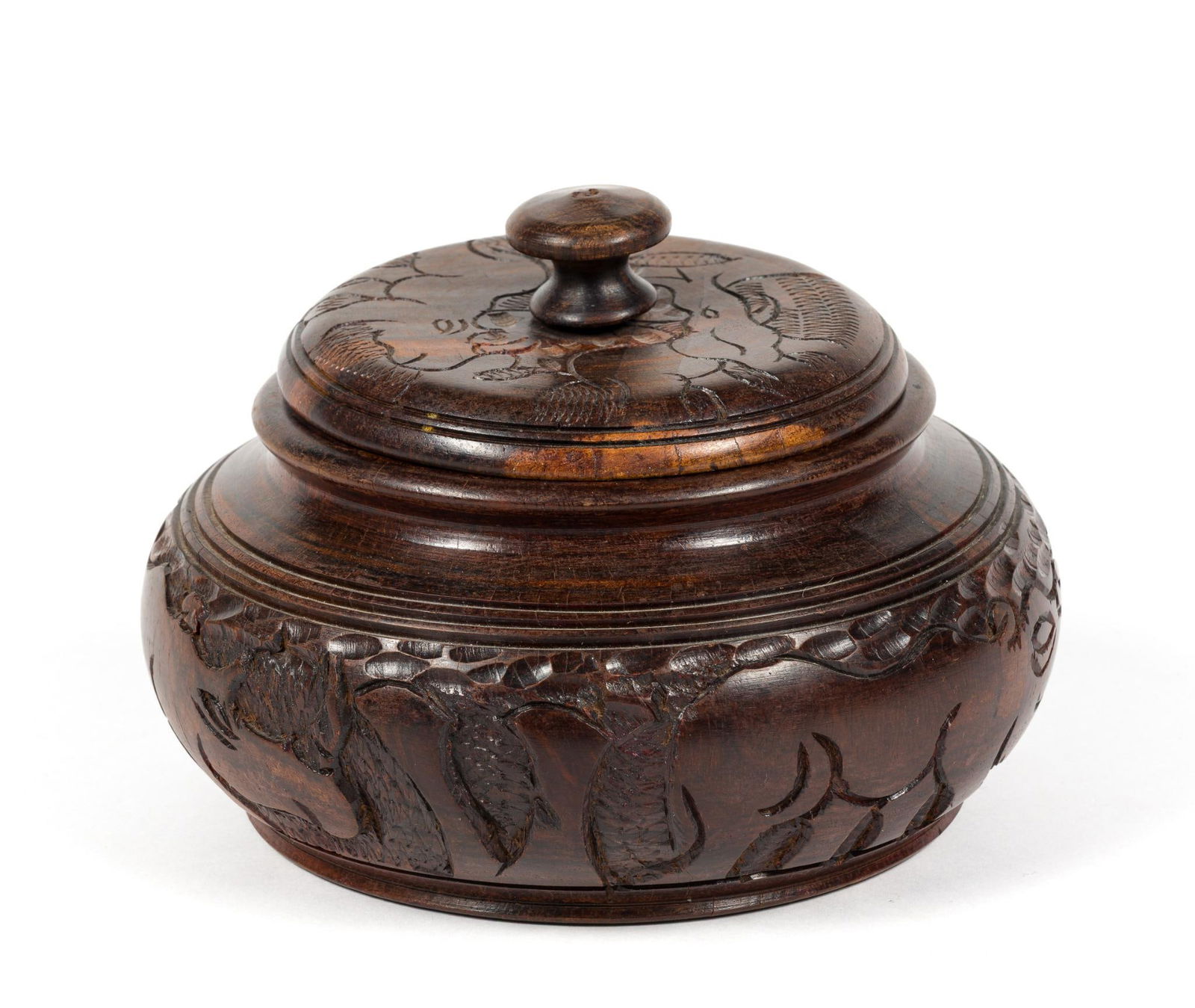 Wood Carved Asian Box: No maker's marks. 7" wide x 5-1/4" high.