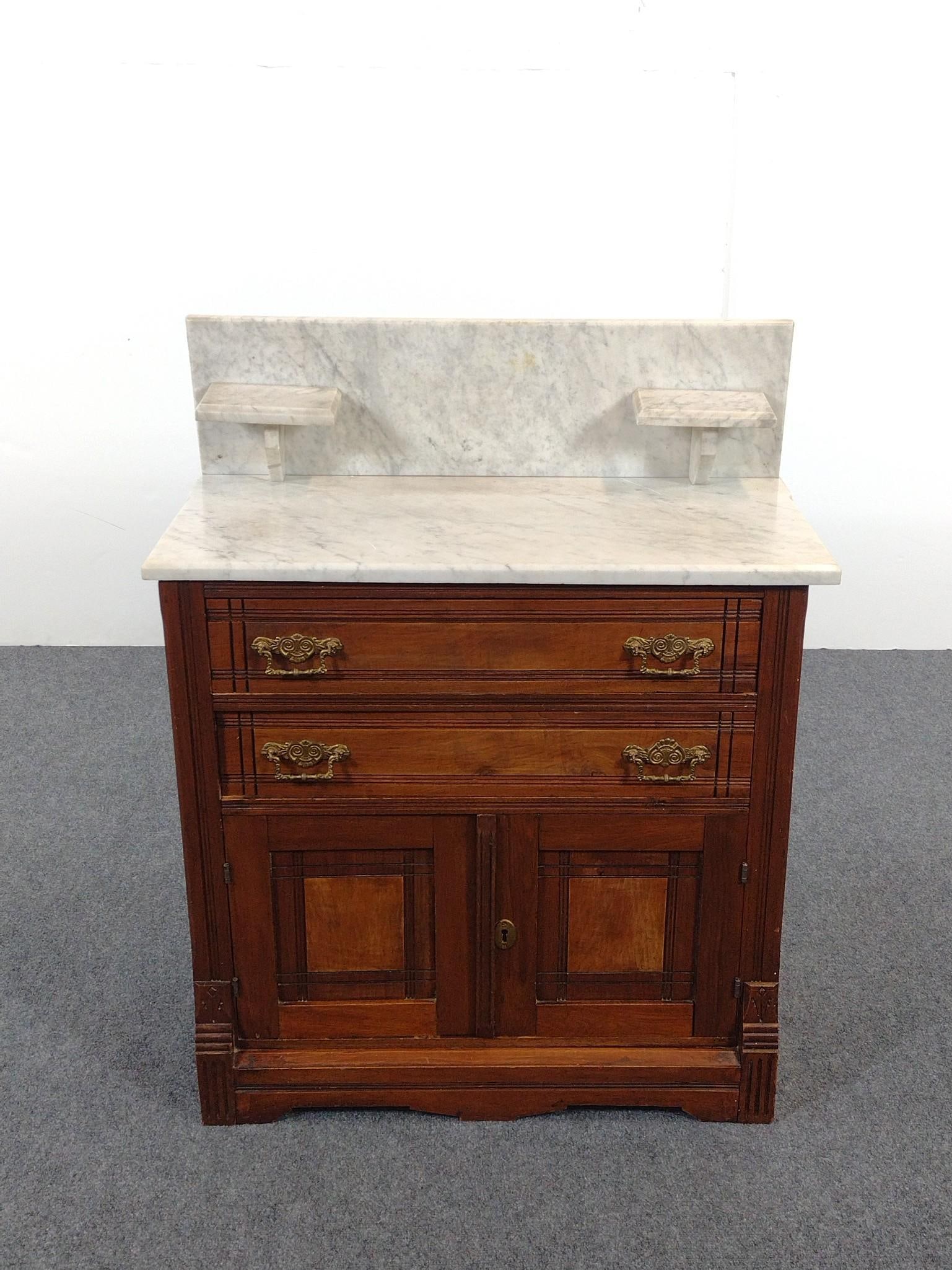 Marble Top Wash Stand: NOT ELIGIBLE FOR IN-HOUSE SHIPPING: See Terms for Shipping Options. 30" wide X 15" deep X 37" high. Has wear consistent with age.