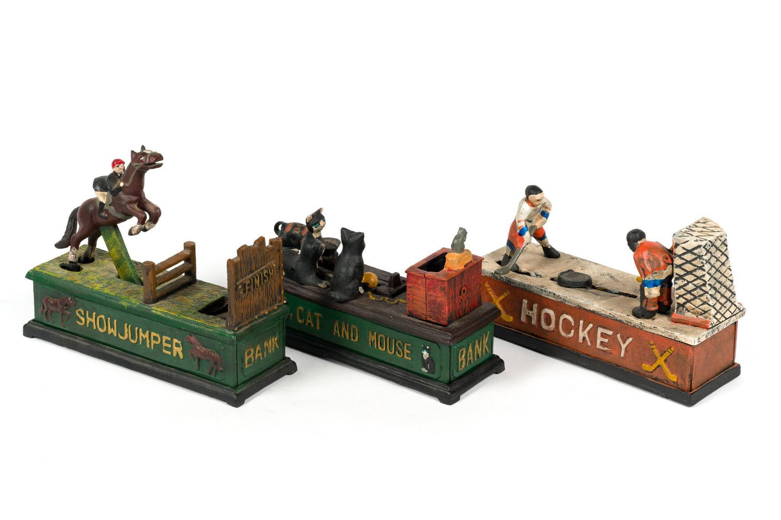 3 Cast Iron Mechanical Banks: Includes hockey, show jumper, and cat & mouse. 2-3/4" to 3" wide x 8" to 9" long.