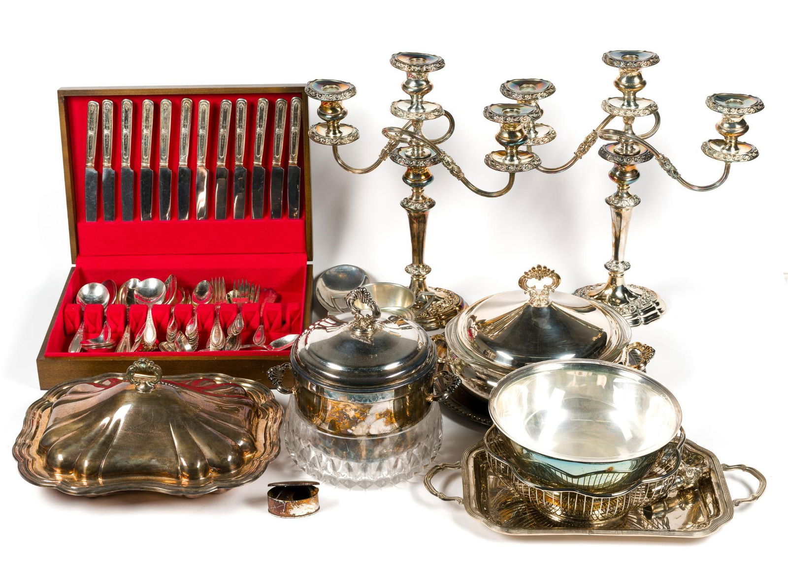 Silverplate, Pewter, and Cut Glass: Includes platter, candlesticks, and more.
