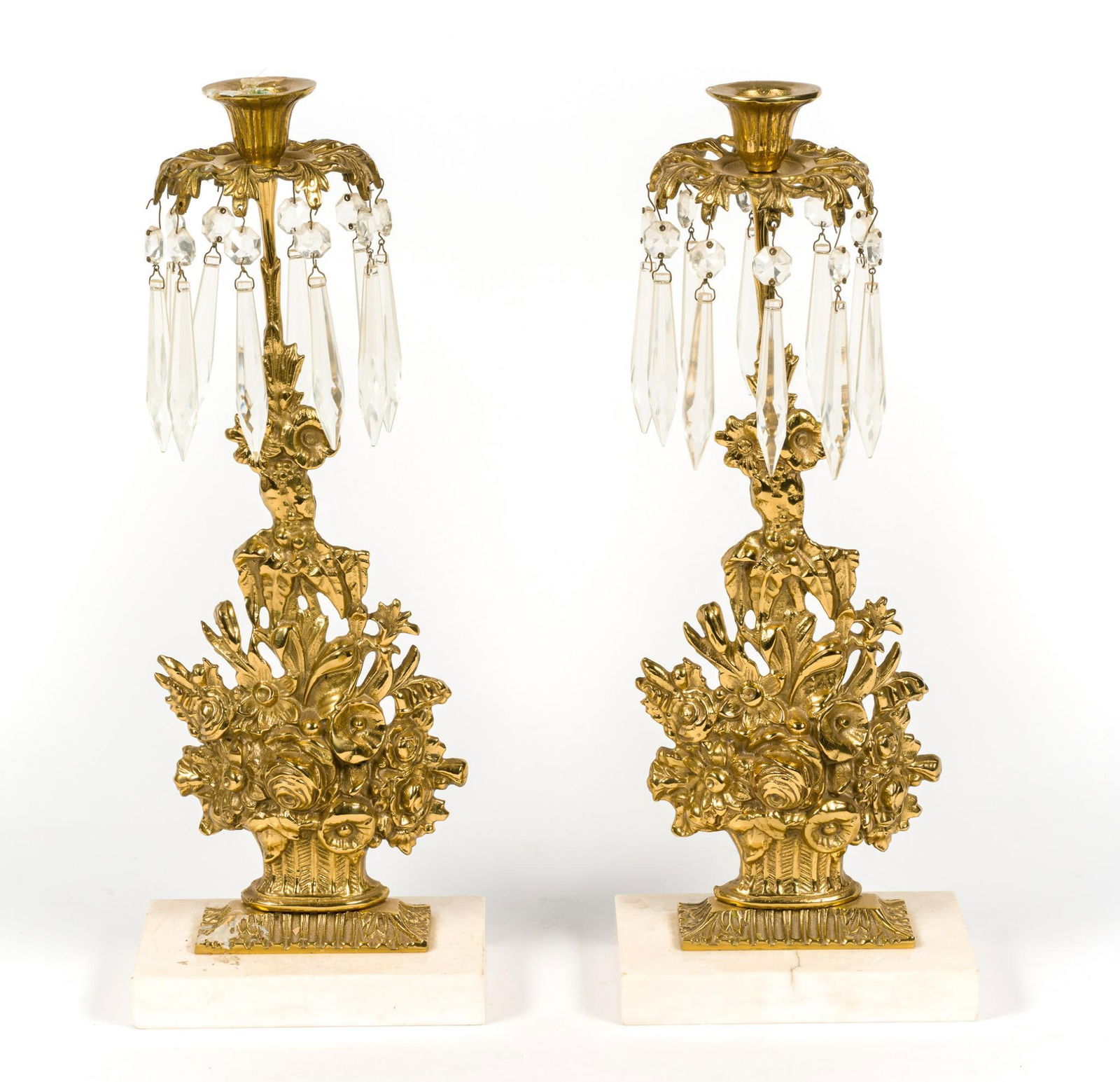 Pair of Gilt Bronze & Crystal Girandoles: Mounted on marble bases. 6" wide x 15-3/4" high.