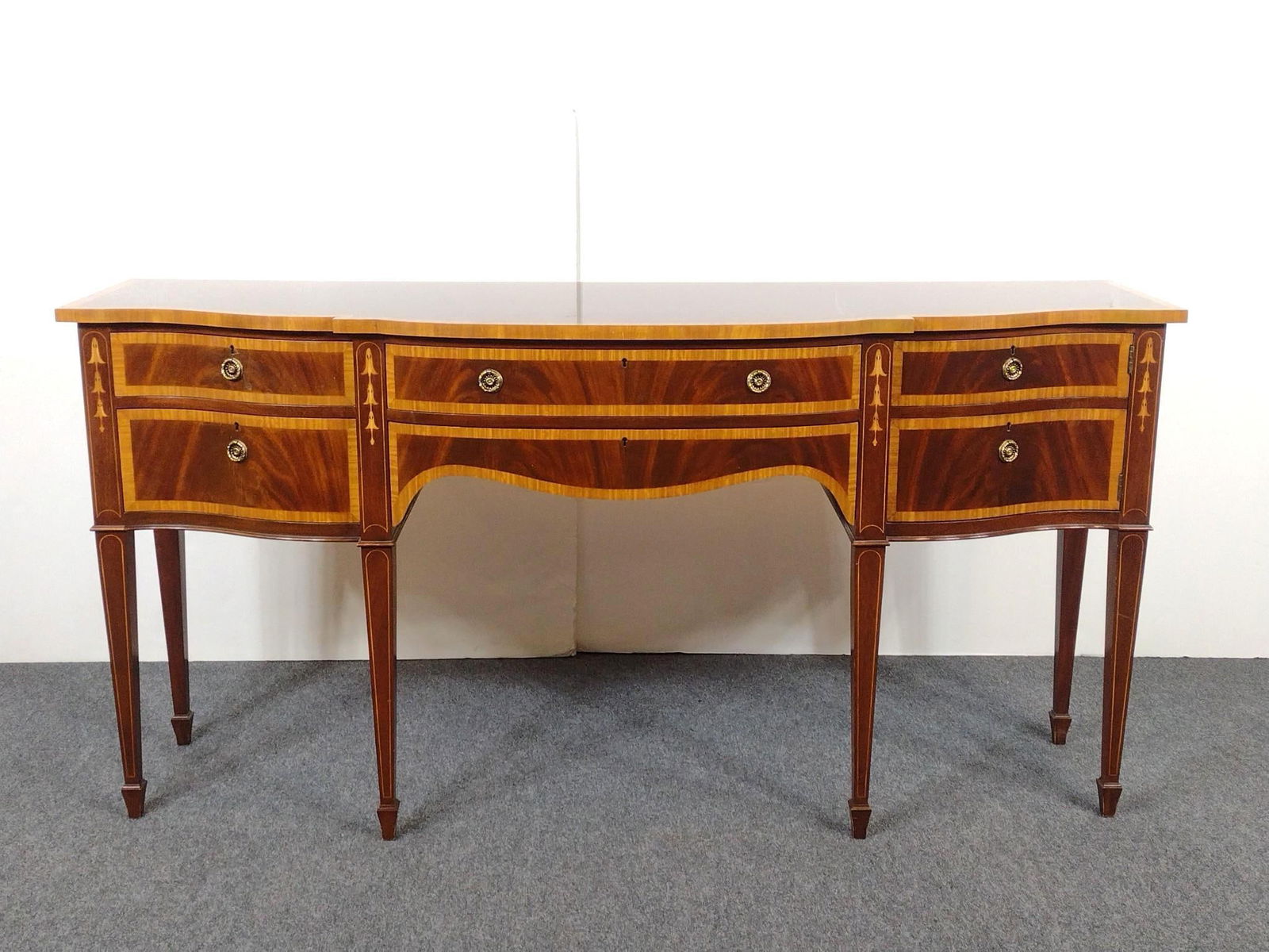 Federal Style Karges Buffet or Sideboard: NOT ELIGIBLE FOR IN-HOUSE SHIPPING: See Terms for Shipping Options. 72" wide X 22" deep X 36" high. Has a few light scratches.