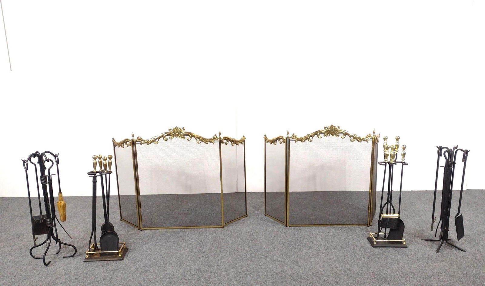 Fireplace Tool Sets: NOT ELIGIBLE FOR IN-HOUSE SHIPPING: See Terms for Shipping Options. Screens each 50" wide X 32-1/2" high. Tool sets 28" to 30" high.