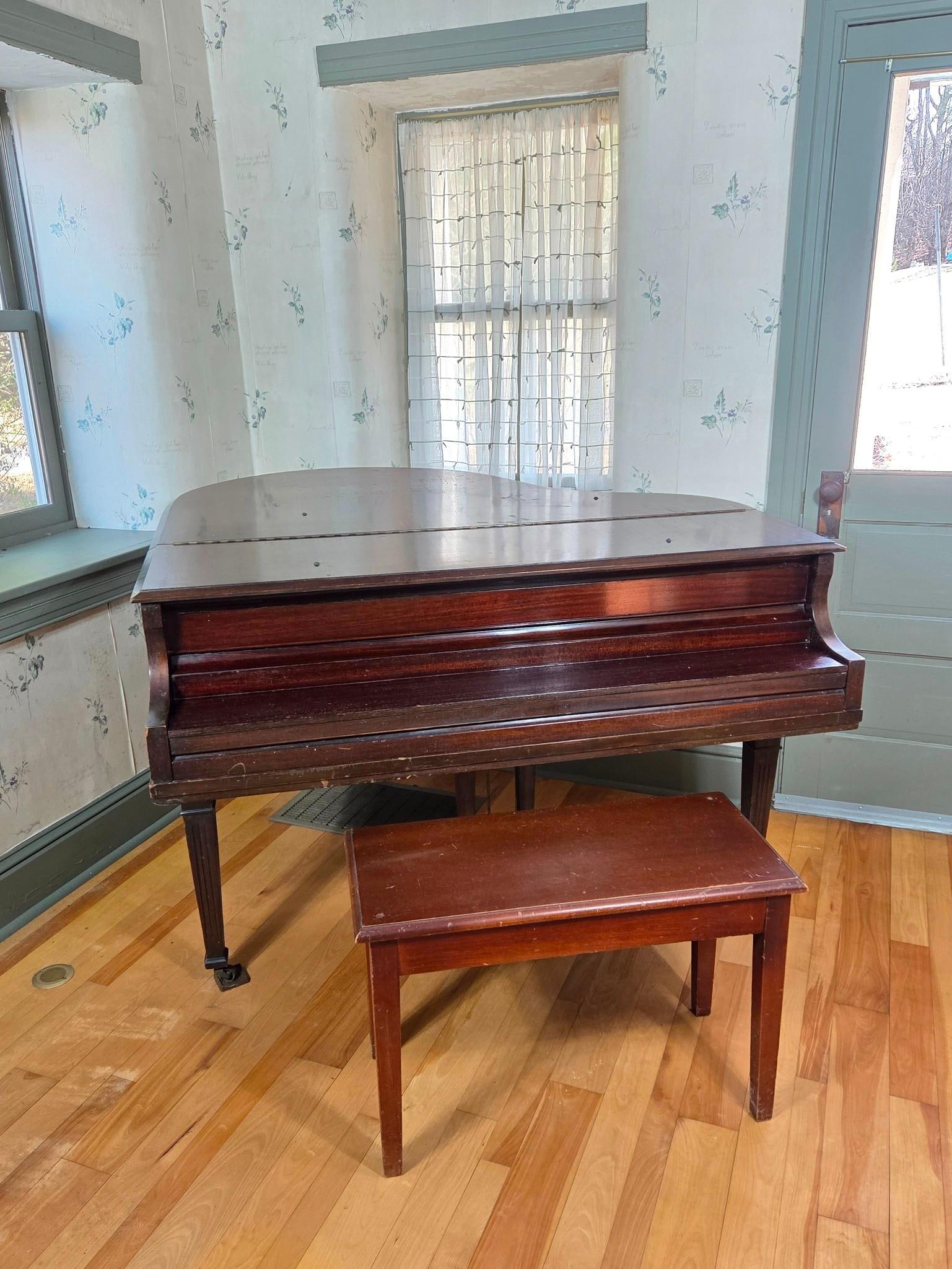 Crown Grand Piano: NOT ELIGIBLE FOR IN-HOUSE SHIPPING: See Terms for Shipping Options. To be picked up from location in Dover, PA - located on first floor. 53-1/2" wide X 54" deep X 37-1/4" high. Has some scratches and