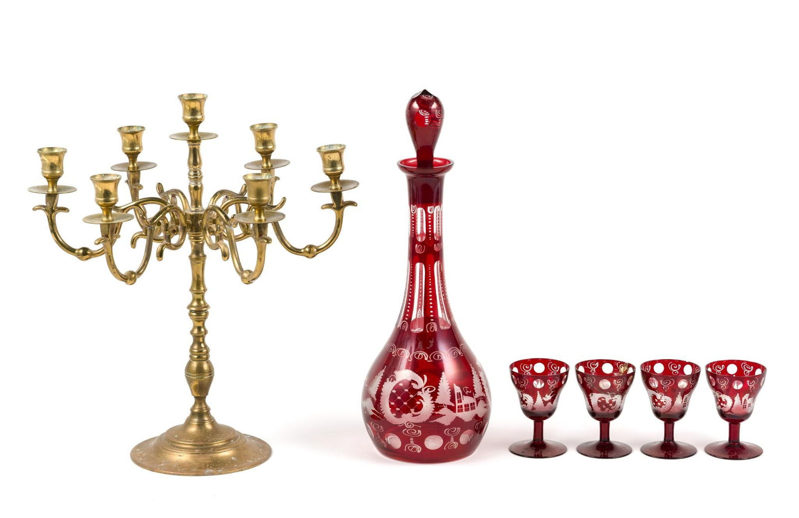 Brass Candelabra & 5 Pc Ruby Cut to Clear Drink Set: Candelabra measures 14-1/2" wide x 15-1/4" high. Repair to one of the glasses.