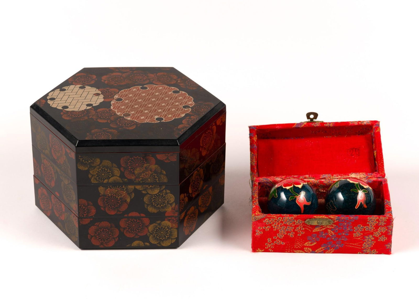 Asian Lacquer Box & Cloisonne Baoding Balls: Baoding balls case with wear and lid detached. Red lacquer box measures 7" wide x 4-1/2" high.