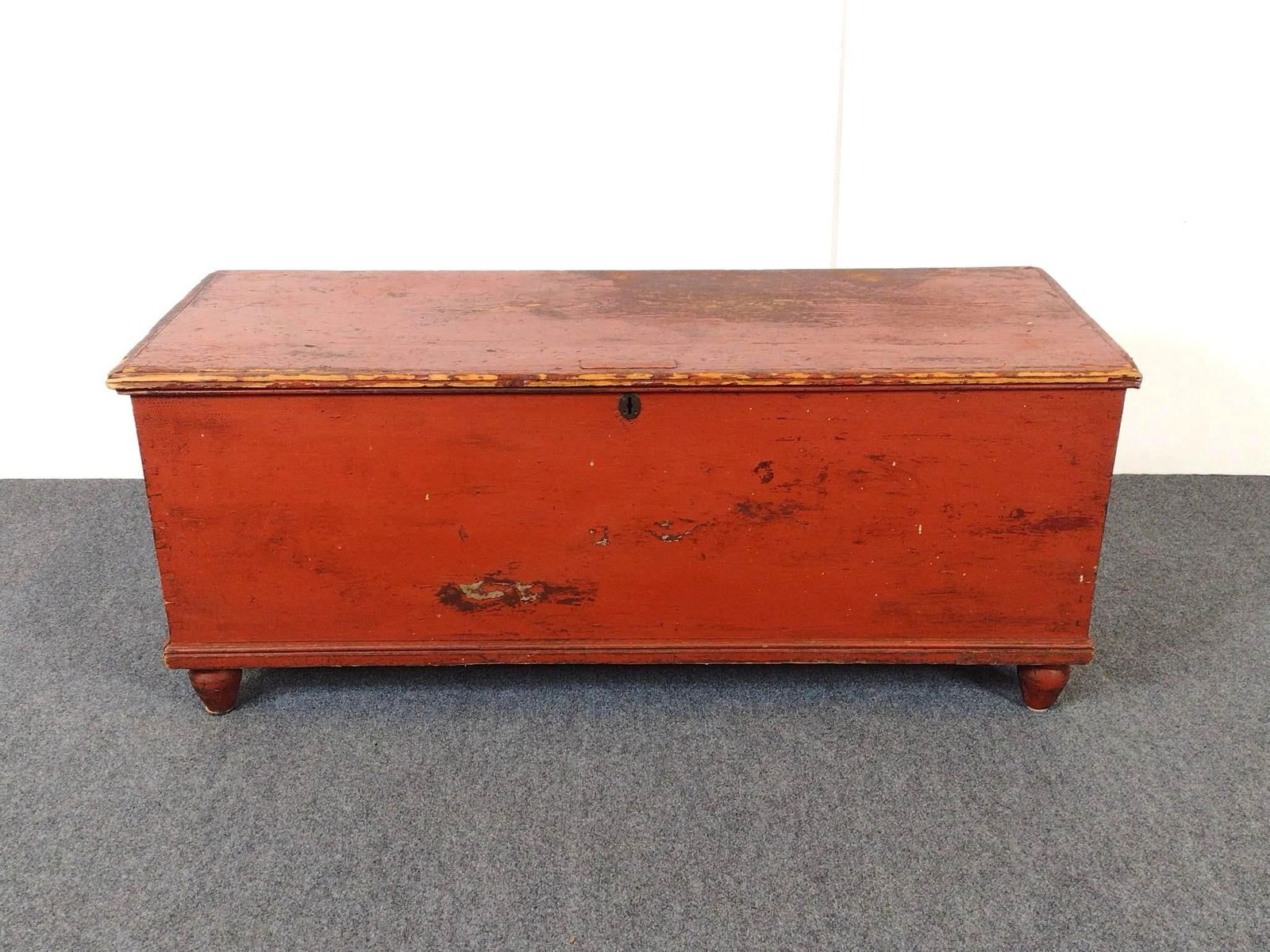 P.E. Miller HBG PA 1868 Painted Blanket Chest: NOT ELIGIBLE FOR IN-HOUSE SHIPPING: See Terms for Shipping Options. 56" wide X 20-1/2" deep X 23" high. Has wear consistent with age.