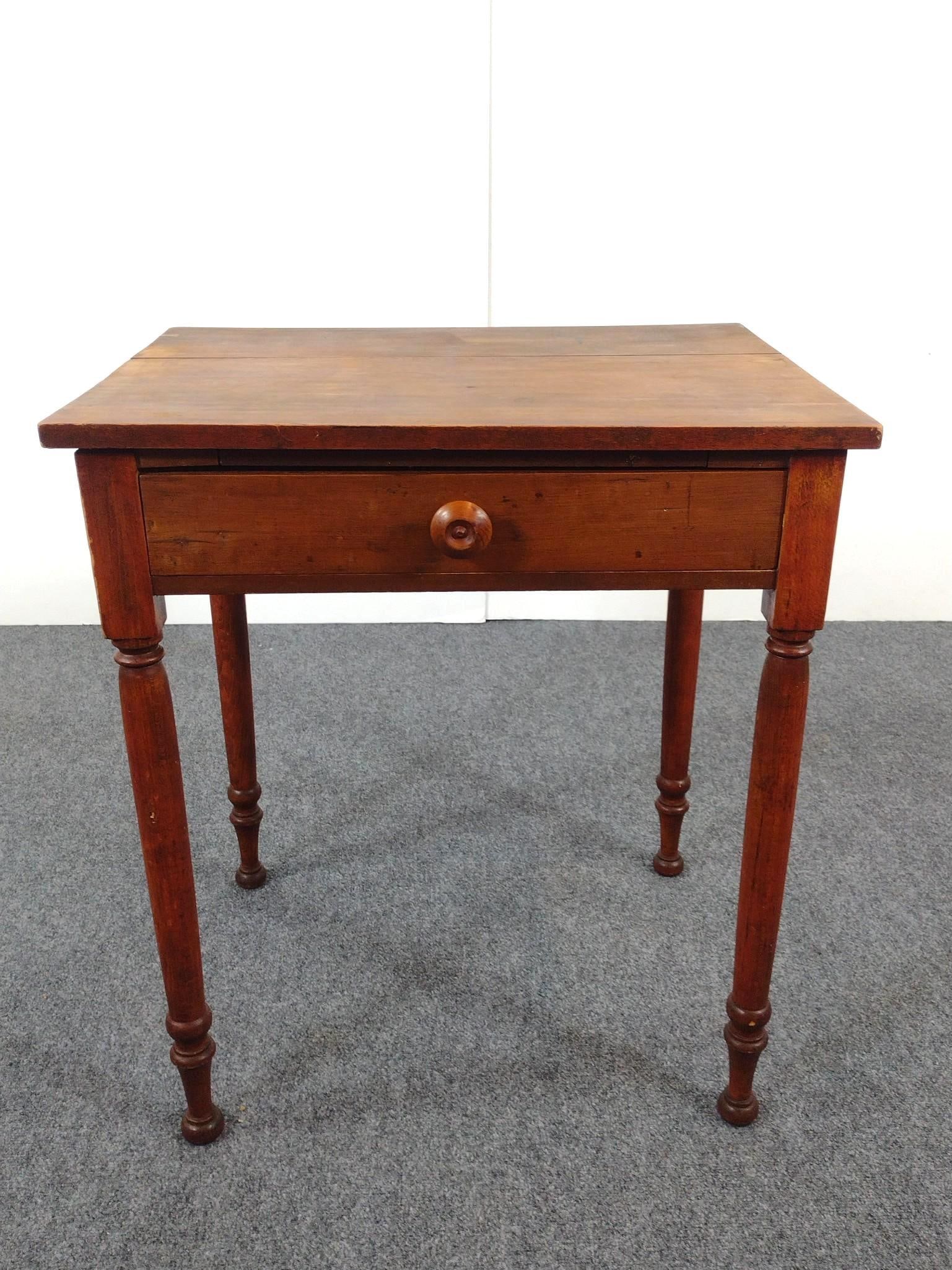 Single Drawer Work Table: NOT ELIGIBLE FOR IN-HOUSE SHIPPING: See Terms for Shipping Options. 25-3/4" wide X 19-1/4" deep X 29" high. Has wear consistent with age. Top has split.