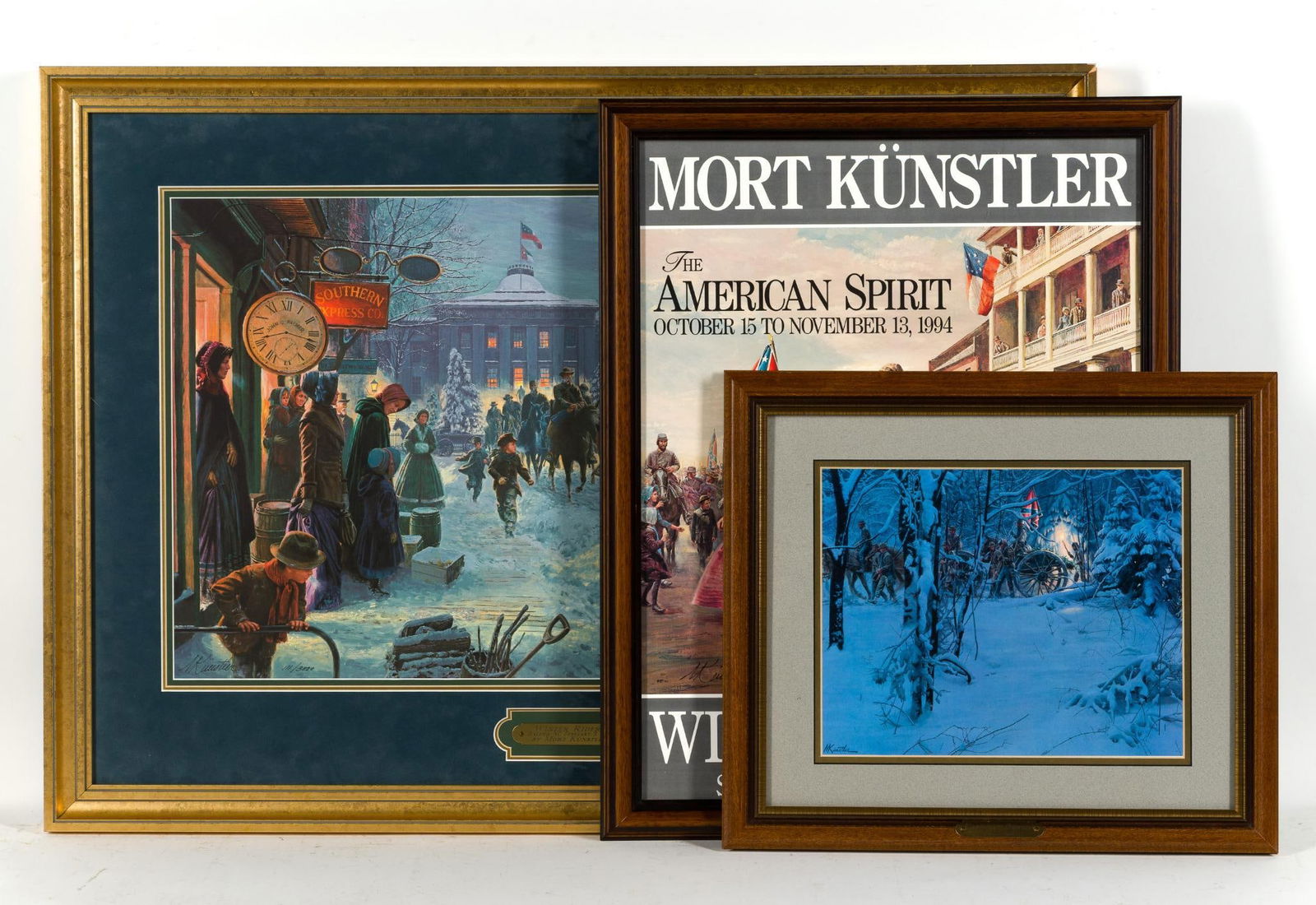 Mort Kunstler Signed Lithograph And Two Prints: NOT ELIGIBLE FOR IN-HOUSE SHIPPING: See Terms for Shipping Options. A signed Civil War print by Mort Kunstler number 111/3000 "Winter Riders" The print is 17" X 27 3/4", 26 1/2" X 36 1/2" framed