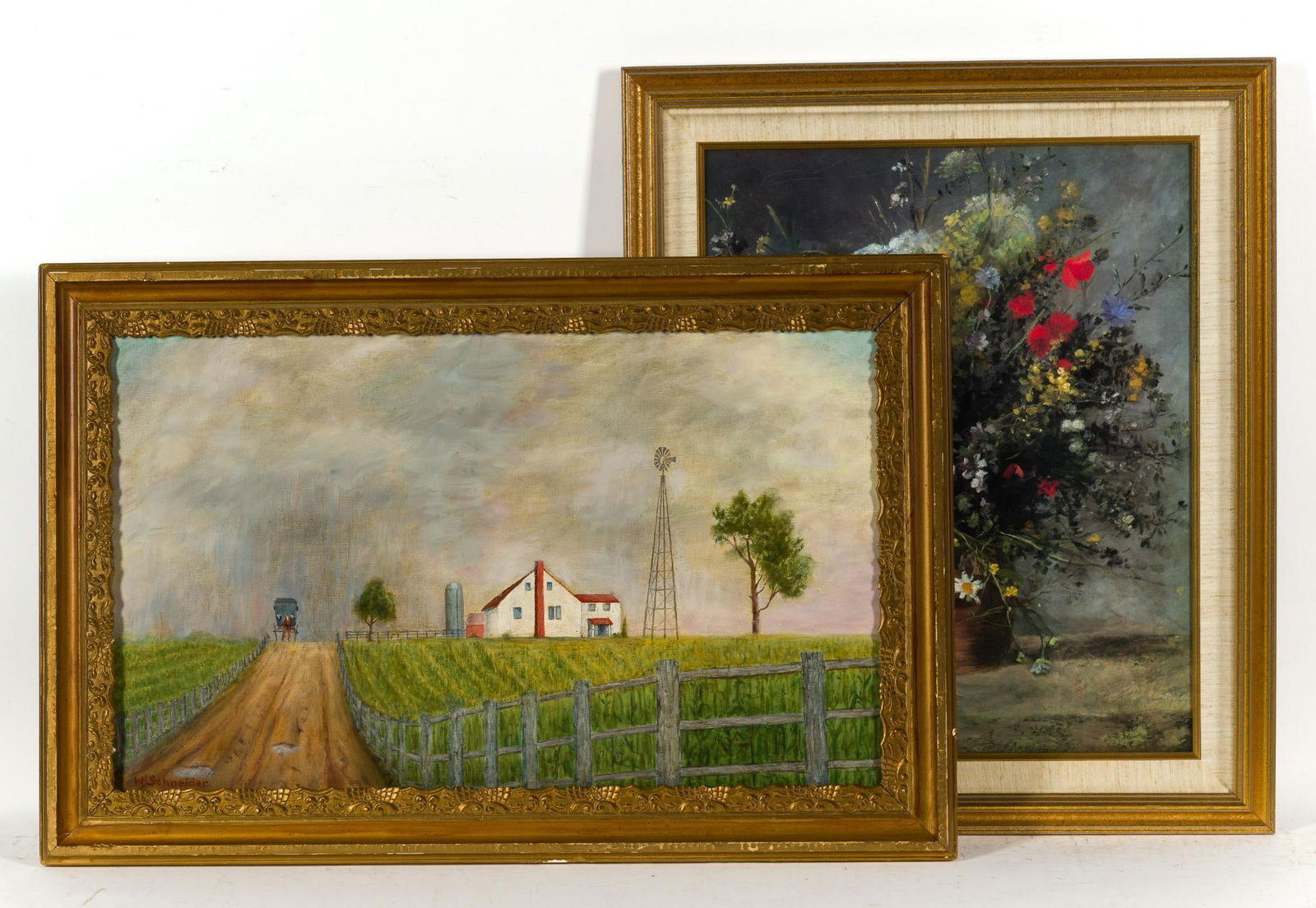 W H Schneider Oil Painting On Canvas And Floral Print: NOT ELIGIBLE FOR IN-HOUSE SHIPPING: See Terms for Shipping Options. The painting is Mid Century Pennsylvania Amish Country with framed size 19" X 29". The floral print is unsigned 25" X 21", framed