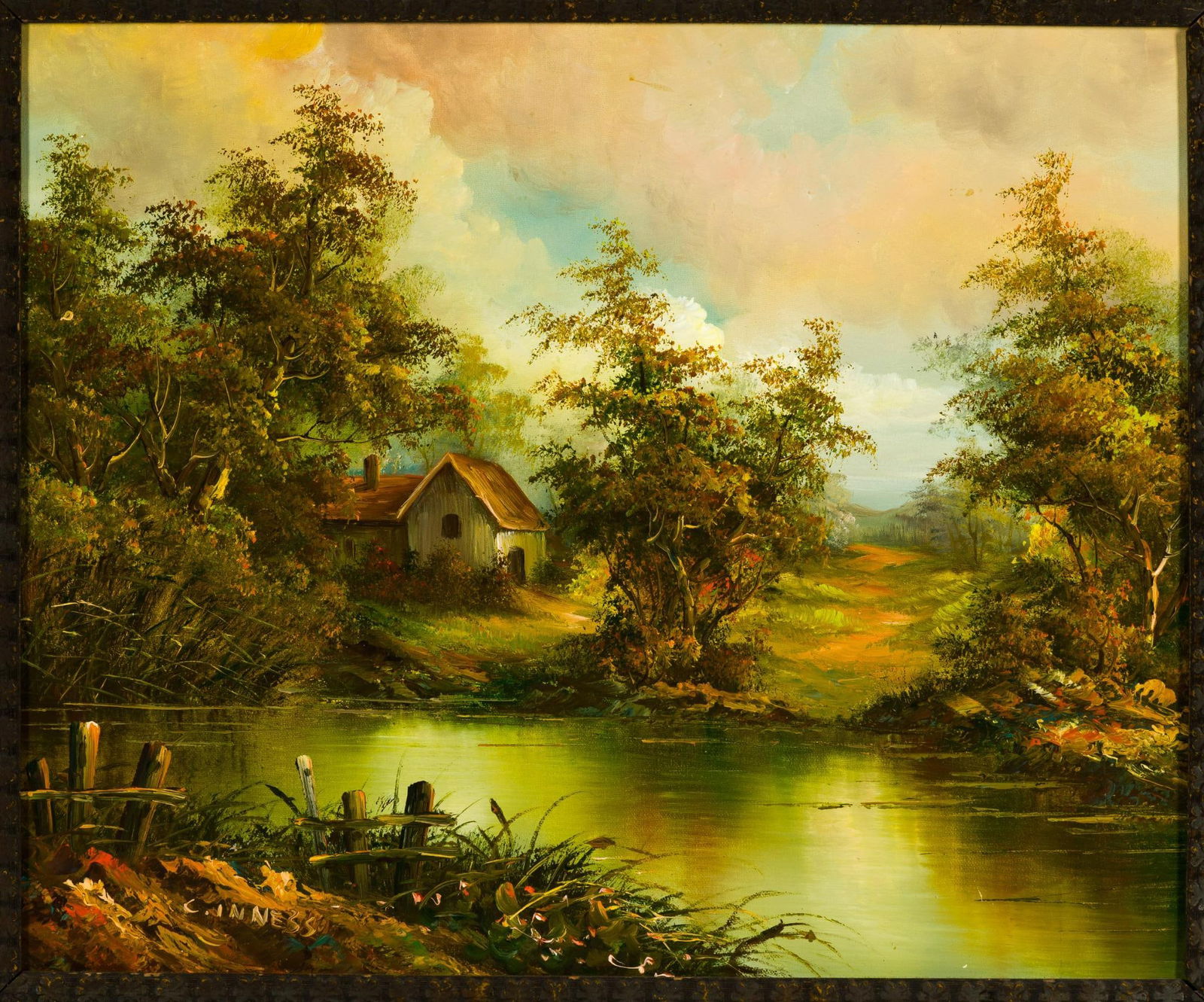 Oil On Canvas Painting After Clara Davis Inness: NOT ELIGIBLE FOR IN-HOUSE SHIPPING: See Terms for Shipping Options. The painting size is 18" X 22", 29" X 33" framed. The canvas was painted prior to installation on an (apparently) later stretcher.