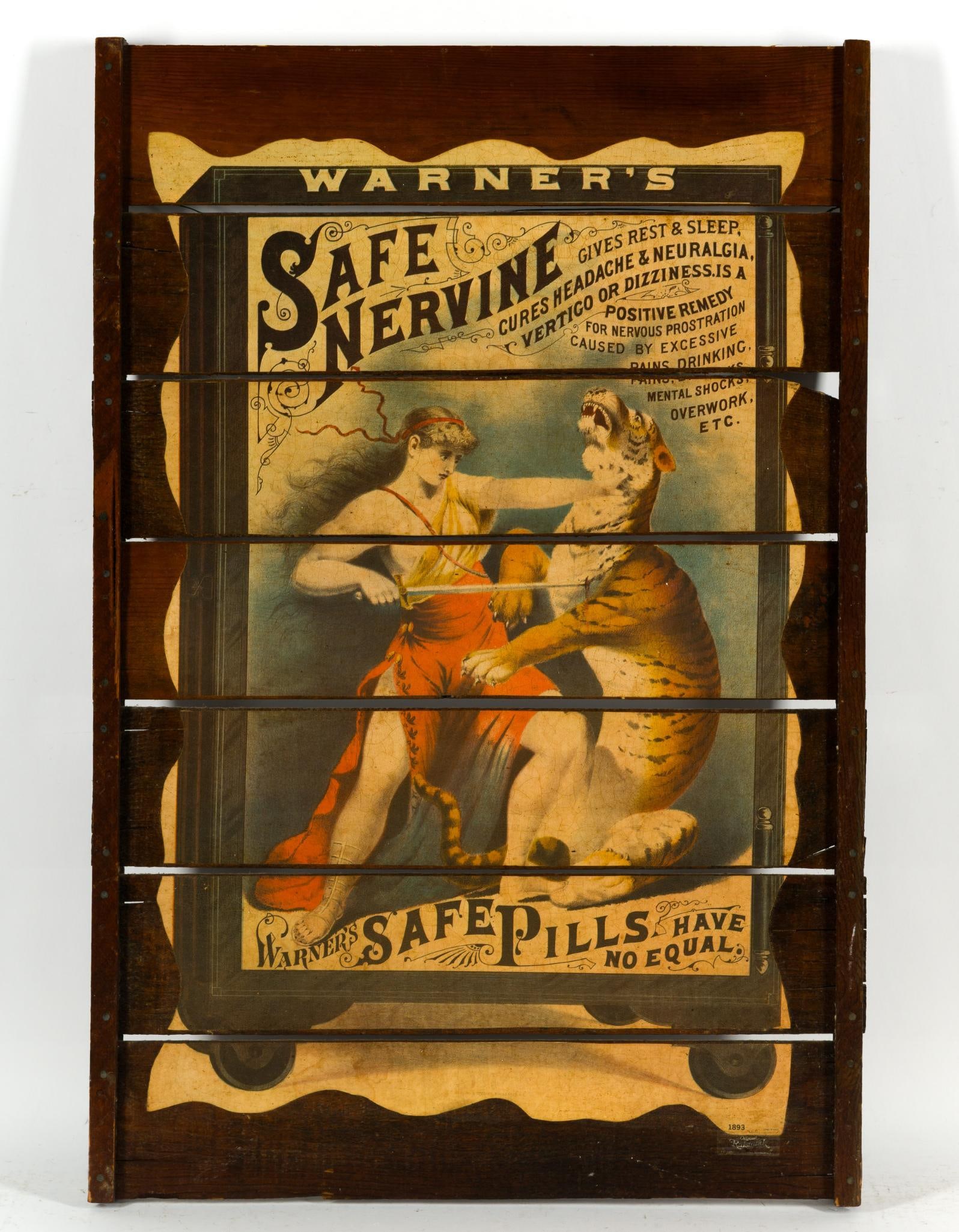 Vintage Advertising Poster On Original Raisinrak Slat Boards: NOT ELIGIBLE FOR IN-HOUSE SHIPPING: See Terms for Shipping Options. Warner's Safe Nervine Pills. The Raisinrak slat board frame is dated 1974. 36" X 24"