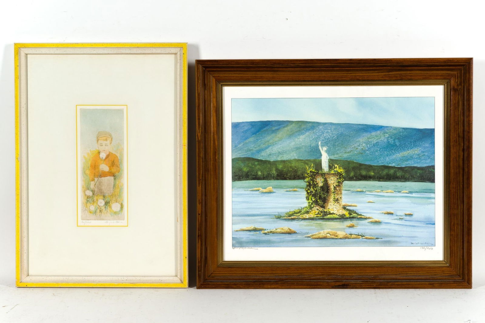 Two Framed Prints Including John Le Quintana: NOT ELIGIBLE FOR IN-HOUSE SHIPPING: See Terms for Shipping Options. One print of a boy with dandelions by John Le Quintana, 21 1/2" X 15 1/4" framed size, and a second print of the Susquehanna River