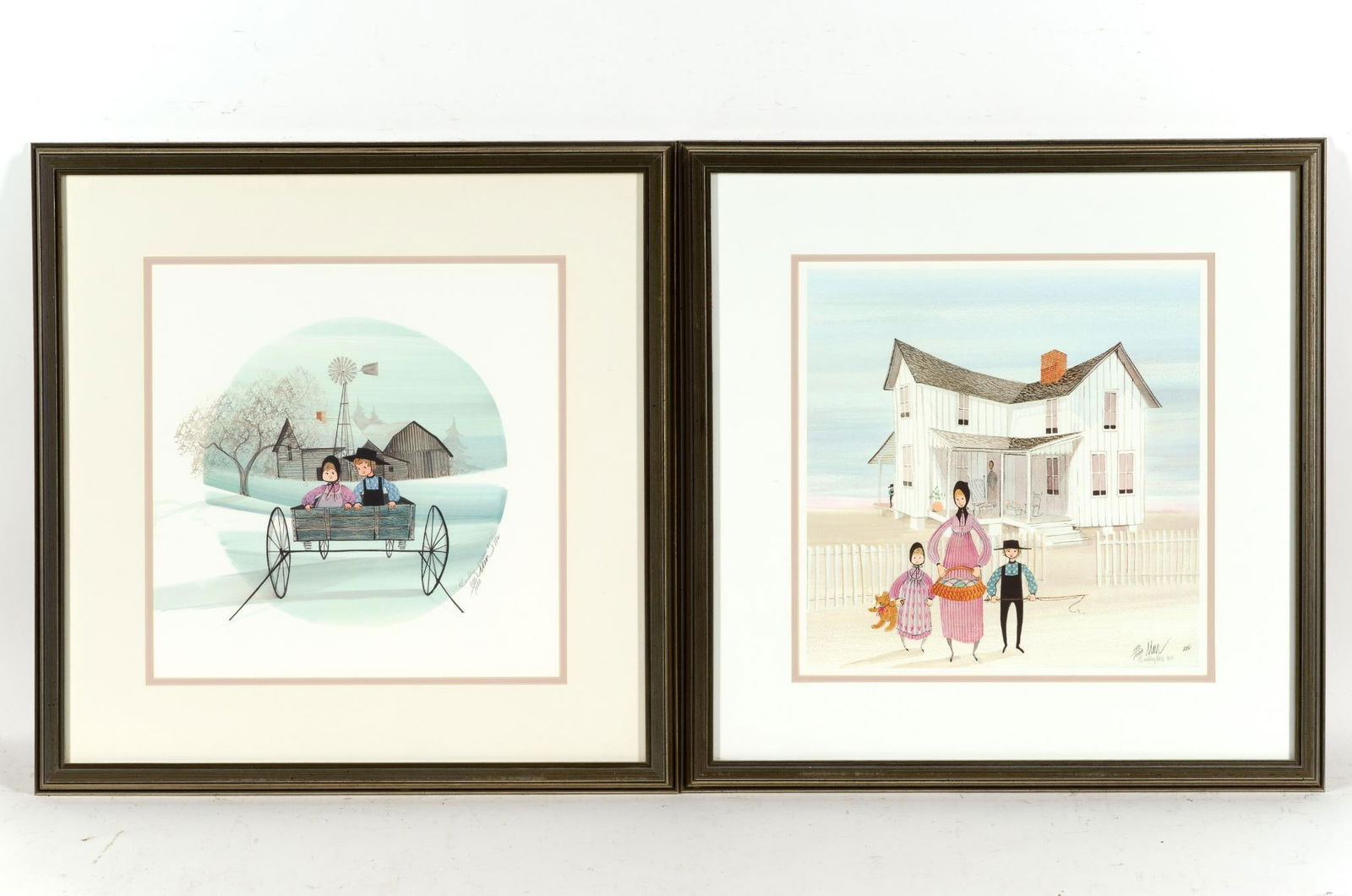 2 P Buckley Moss Prints: NOT ELIGIBLE FOR IN-HOUSE SHIPPING: See Terms for Shipping Options. Both prints are 21 1/4" X 21" framed size. One is titled Silent Moments, edition 902/1000, and the second "Homestead Ride" 549/1000.