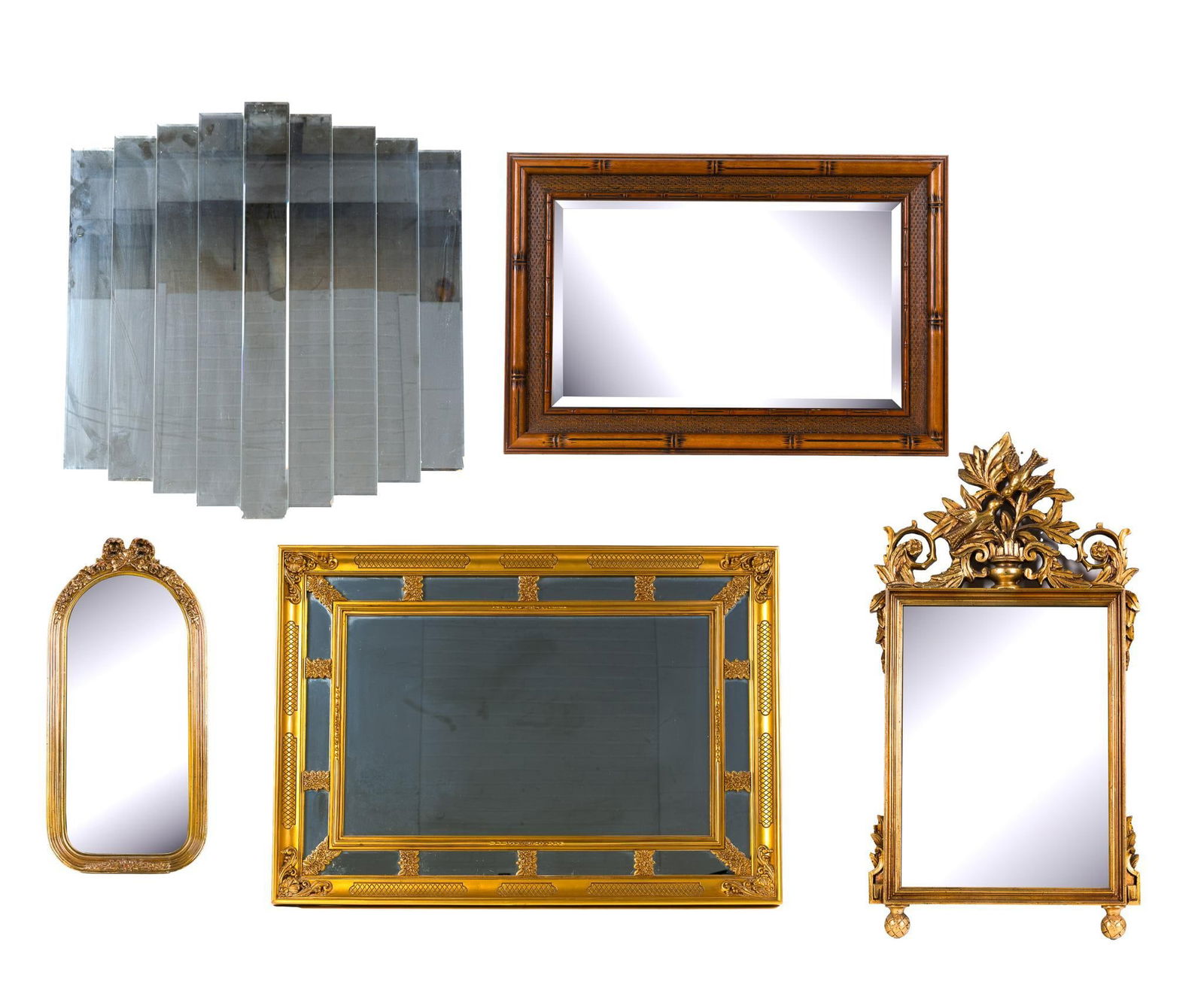 Five Vintage Mirrors: NOT ELIGIBLE FOR IN-HOUSE SHIPPING: See Terms for Shipping Options. These mirrors are from the 1970's through 1990's and are antique reproductions and one Art Deco reproduction. The largest is 42" X