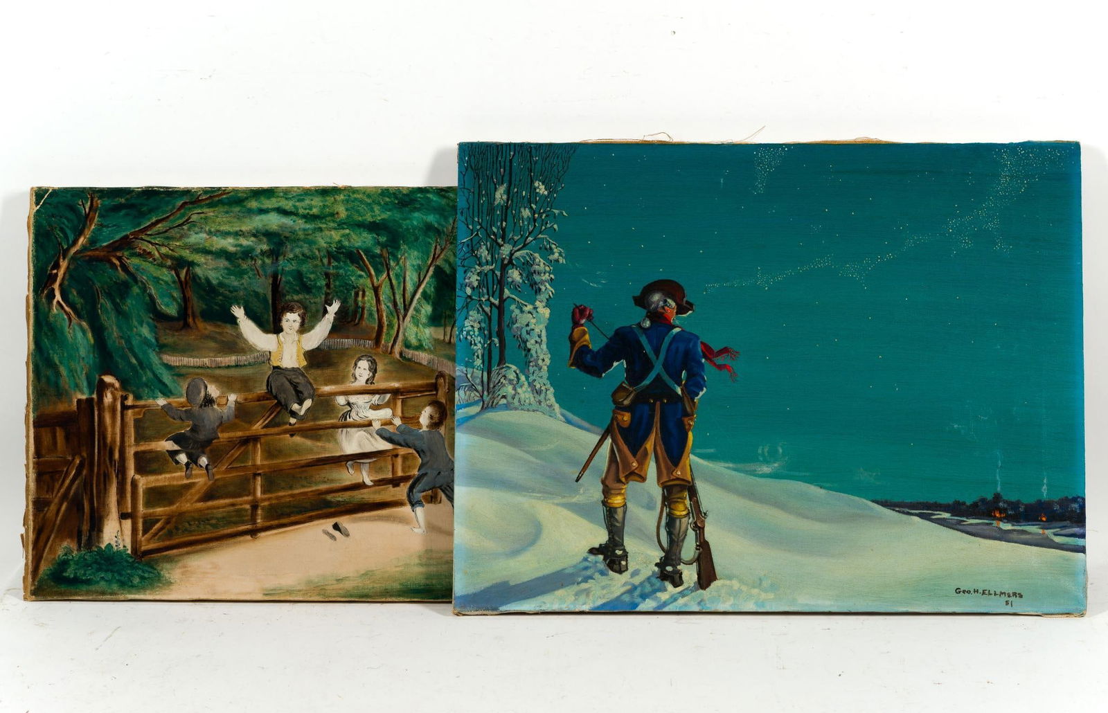 Two Antique Oil On Canvas Paintings: NOT ELIGIBLE FOR IN-HOUSE SHIPPING: See Terms for Shipping Options. Both paintings are unframed and both have age-related degradation. One from 1951, George H. Elmers. The second painting is