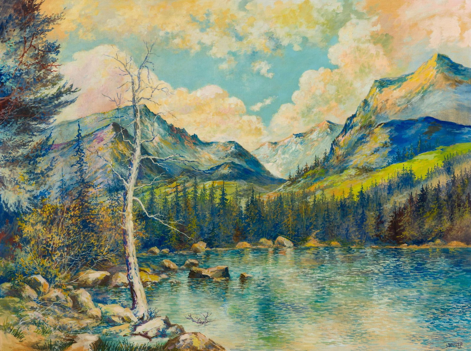 Large Mountain Scene Oil Painting: NOT ELIGIBLE FOR IN-HOUSE SHIPPING: See Terms for Shipping Options. An oil painting on canvas board by J. Seltzer, dated 1952, 45" X 57" framed size.
