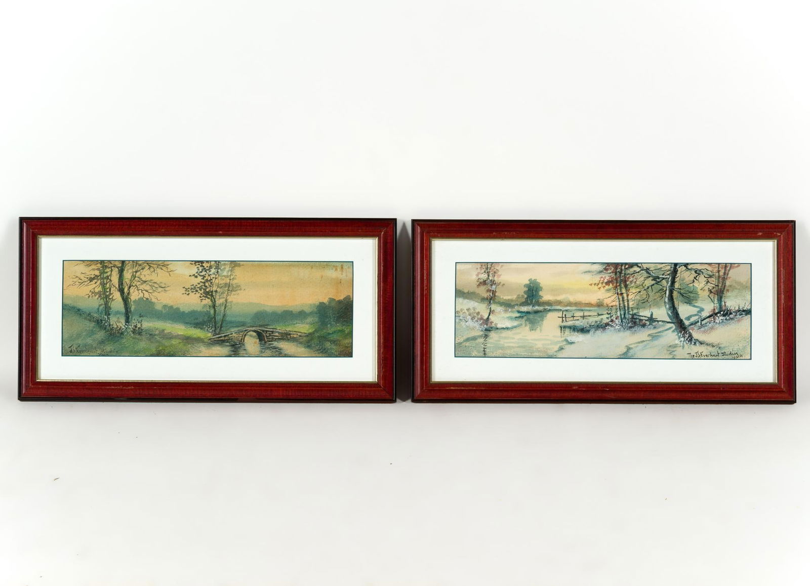 Two Framed Watercolors: NOT ELIGIBLE FOR IN-HOUSE SHIPPING: See Terms for Shipping Options. Both are 9" X 18 1/2" framed size and both by The J.S. Everhart Studios, York, PA.