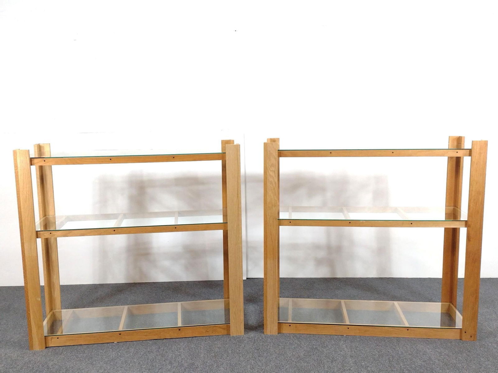 2 Oak Built Shelves: NOT ELIGIBLE FOR IN-HOUSE SHIPPING: See Terms for Shipping Options. Each 50" wide X 18-3/4" deep X 47" high.