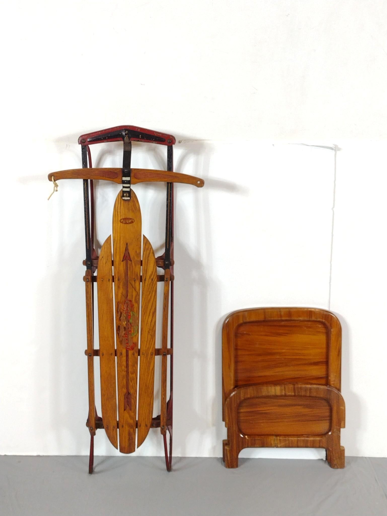 Sled and Doll Headboard & Footboard: NOT ELIGIBLE FOR IN-HOUSE SHIPPING - See Terms for Shipping Options. Sled 21" wide X 51" long. Bed 18" wide X 25" high. PROVENANCE: From the Estate of Virginia Parkum. The Rev. Dr. Virginia "Ginny"