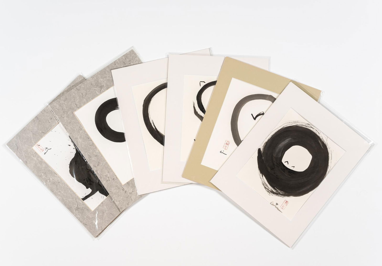 6 Pcs Virginia Cohn Parkum (PA 1943-2025) Japanese Calligraphy Art: NOT ELIGIBLE FOR IN-HOUSE SHIPPING: See Terms for Shipping Options. All 14" long x 11" wide. PROVENANCE: From the Estate of Virginia Parkum. The Rev. Dr. Virginia "Ginny" Cohn Parkum (1943-2025) was