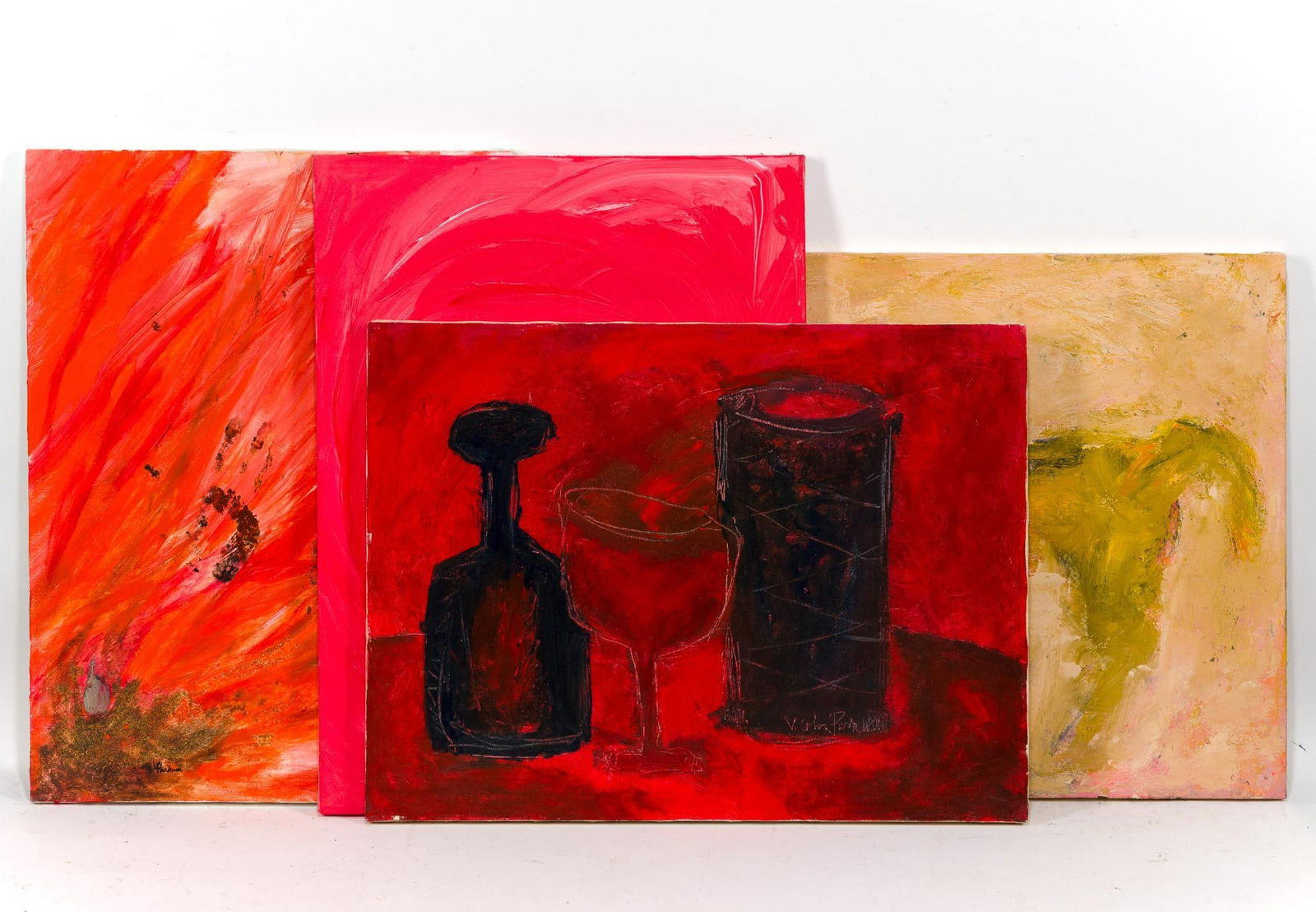 4 Pcs Art incl. Virginia Cohn Parkum (PA 1943-2025): NOT ELIGIBLE FOR IN-HOUSE SHIPPING: See Terms for Shipping Options. Includes "Nightcap"; "Earth, Air, Fire, Water"; and 2 untitled. All unframed. 2 unsigned but attributed to Virginia Cohn Parkum.