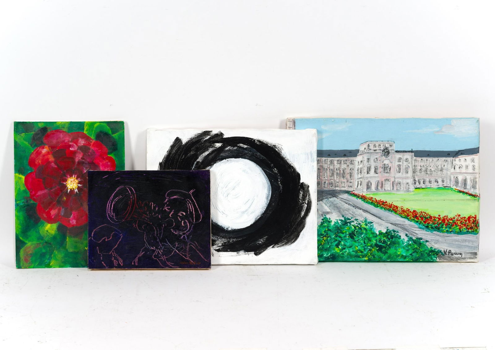 4 Pcs Virginia Cohn Parkum (PA 1943-2025) Art: NOT ELIGIBLE FOR IN-HOUSE SHIPPING: See Terms for Shipping Options. Includes "Midnight Ramble"; "Hybrid"; "In the Moonlight Blossoms Hall"; and untitled. All unframed. 8" to 12" long x 10" to 16"