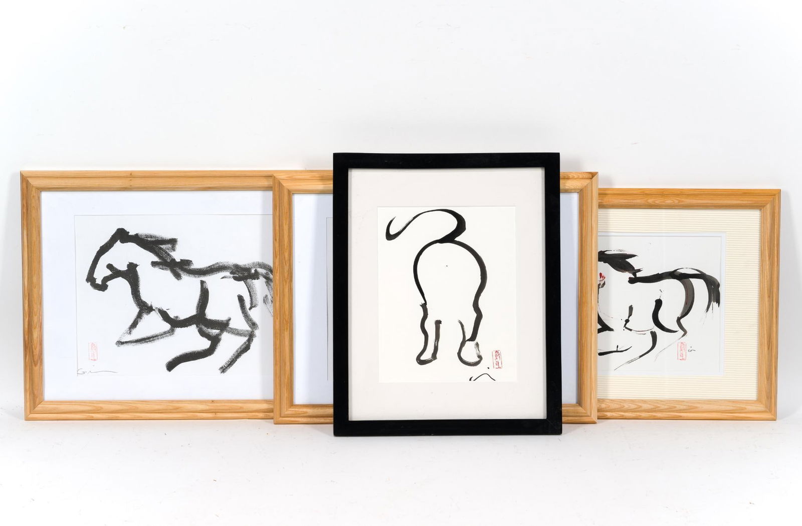 4 Pcs Virginia Cohn Parkum (PA 1943-2025) Japanese Calligraphy Art: NOT ELIGIBLE FOR IN-HOUSE SHIPPING: See Terms for Shipping Options. Includes 3 "Gin" and "Bye-Bye." All framed. Overall 14" to 15-1/4" long x 12-1/4" to 18" wide. PROVENANCE: From the Estate of