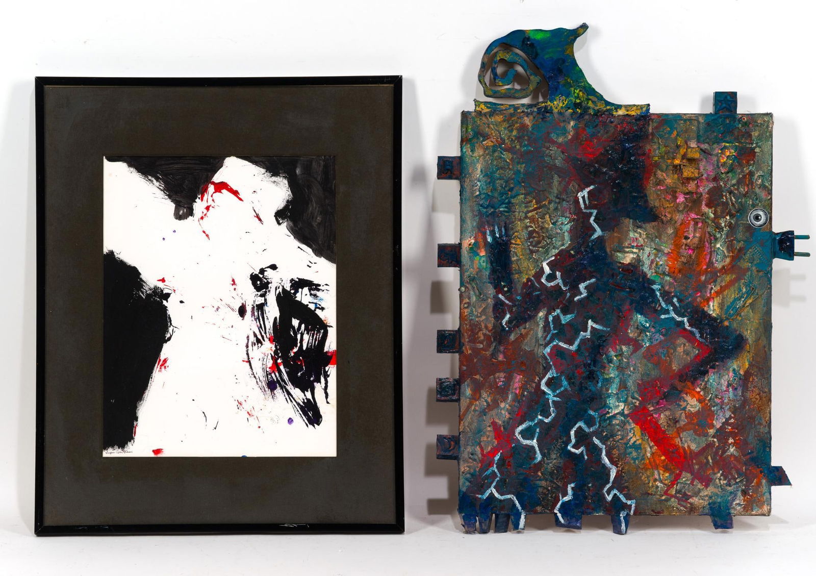 2 Pcs Artwork: NOT ELIGIBLE FOR IN-HOUSE SHIPPING: See Terms for Shipping Options. One framed and one mixed media. Overall 20-1/2" to 22-1/4" wide x 16-1/2" wide. PROVENANCE: From the Estate of Virginia Parkum.