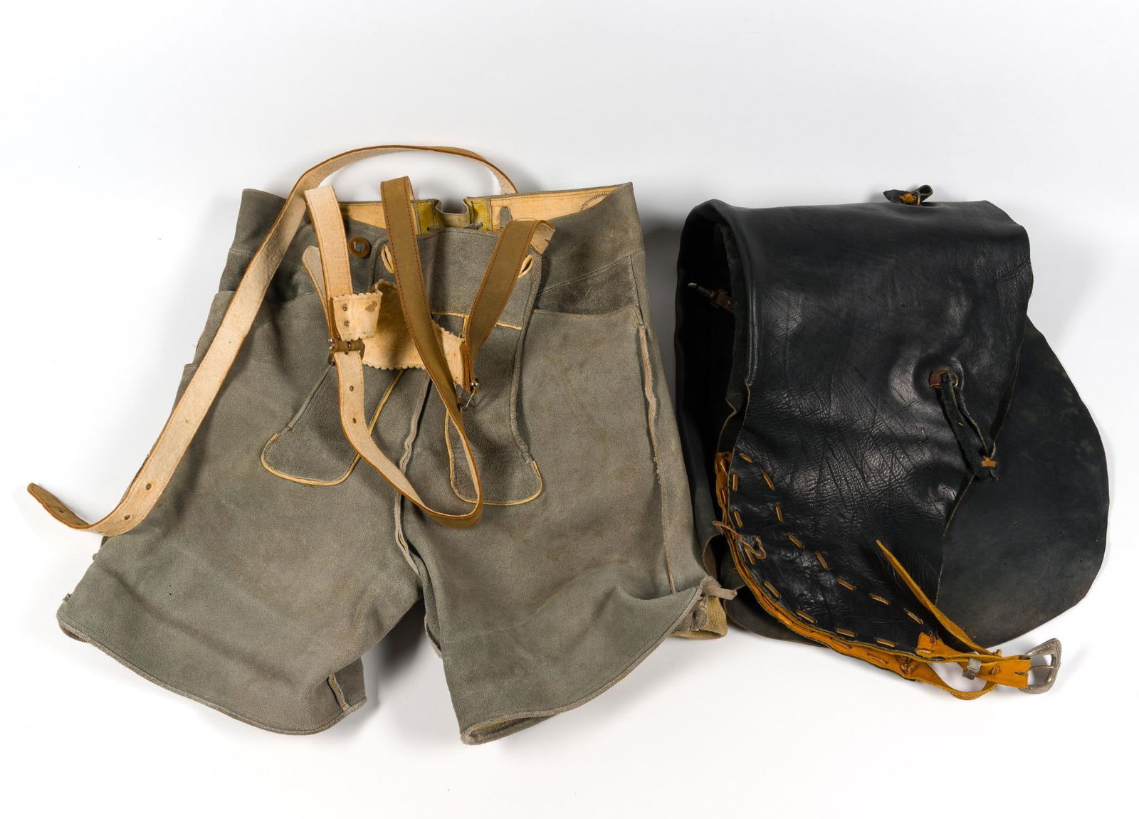 Suede Lederhosen & Leather Chaps: Lederhosen marked Kniefrei. PROVENANCE: From the Estate of Virginia Parkum. The Rev. Dr. Virginia "Ginny" Cohn Parkum (1943-2025) was a Harrisburg resident dedicated to her art and serving her