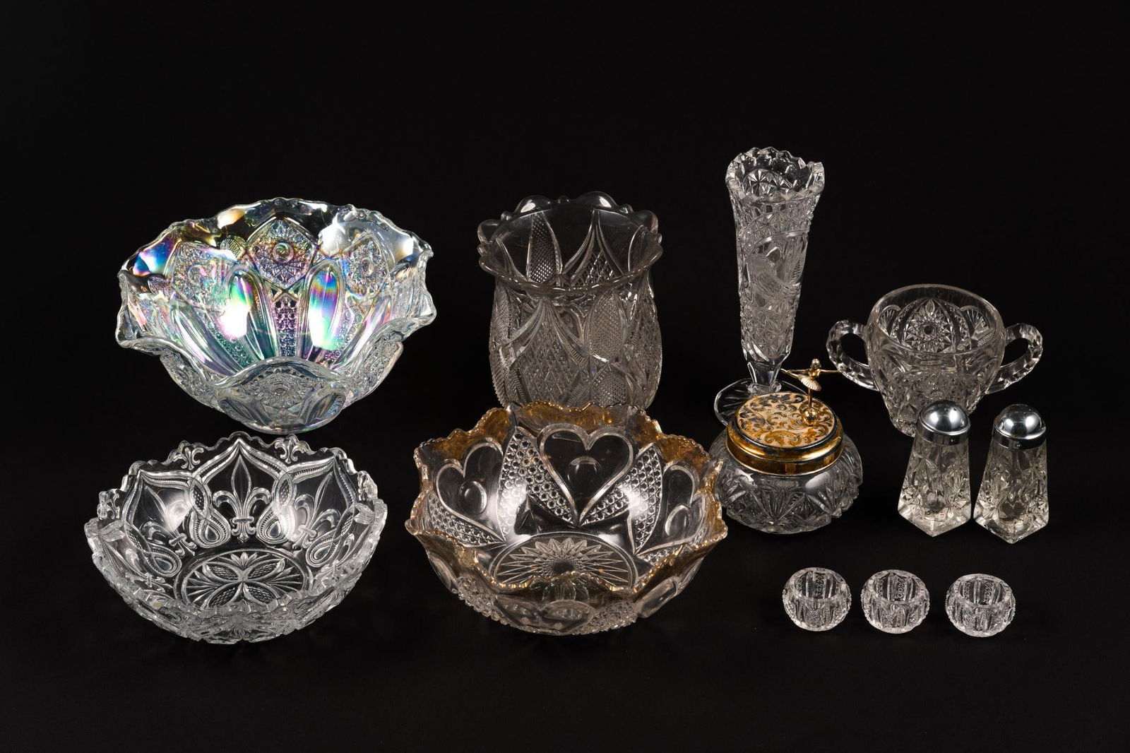 12 Pcs Cut Glass: 2" to 10" wide x 1" to 5" high.