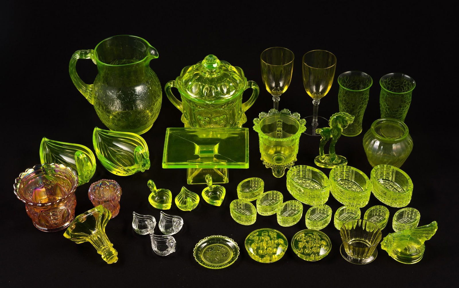 Colored Cut Glass: Includes Uranium glass. 2-1/2" to 6" wide x 1" to 8" high.