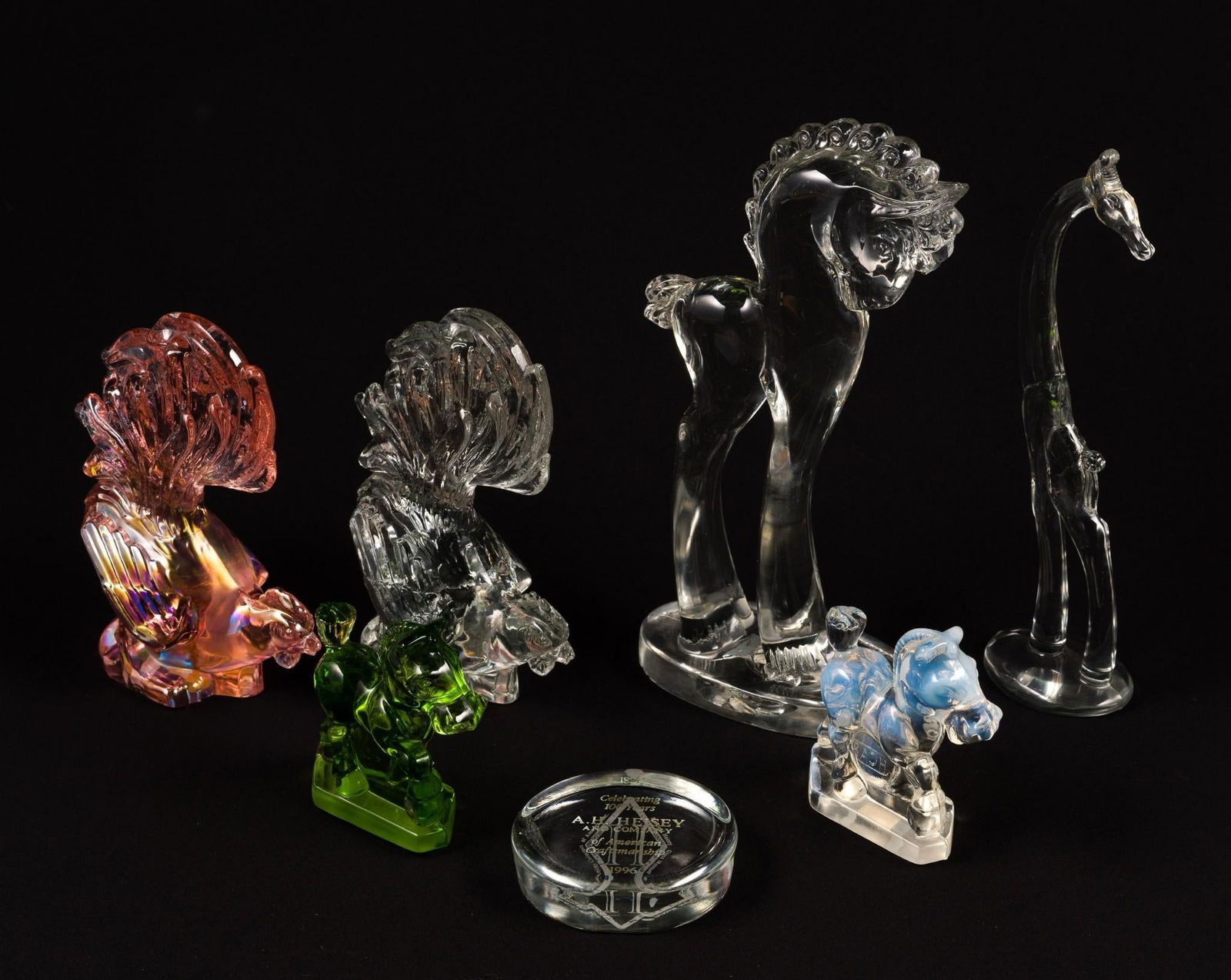 7 Glass Decorative Pieces incl. Heisey: 3-3/4" to 5-1/2" wide x 4" to 11-1/4" high. Chips to bottom of big horse. Chip to giraffe's neck.