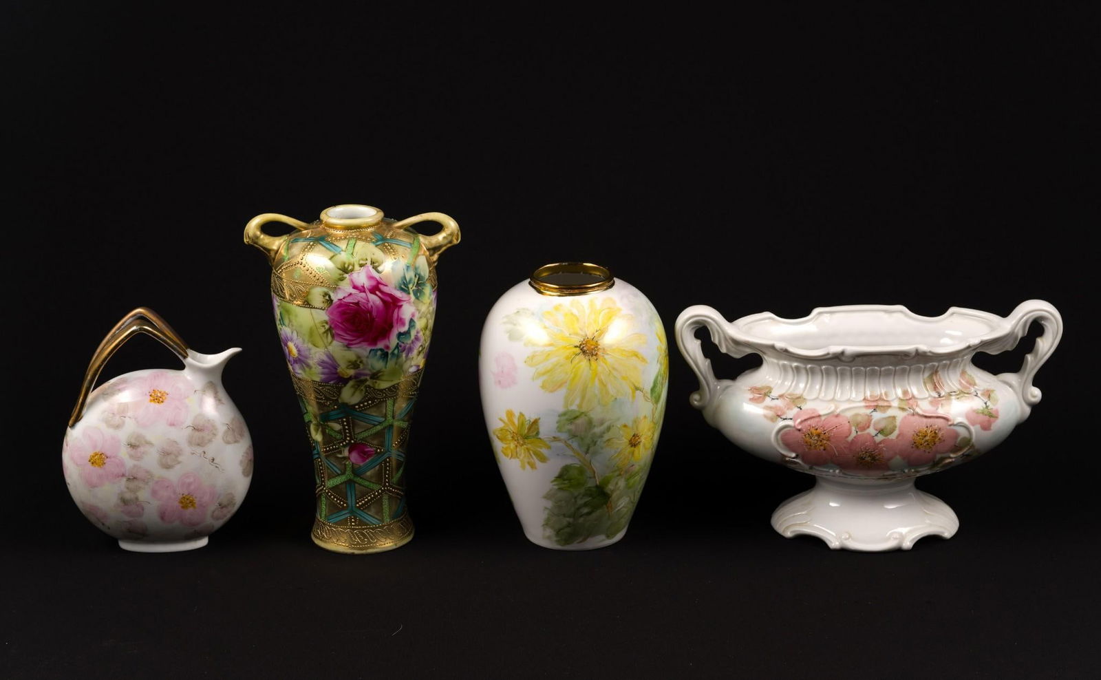 4 Ceramic Vases: Includes Nippon and unmarked. 6" to 6-1/4" wide x 7" to 9-3/4" high.