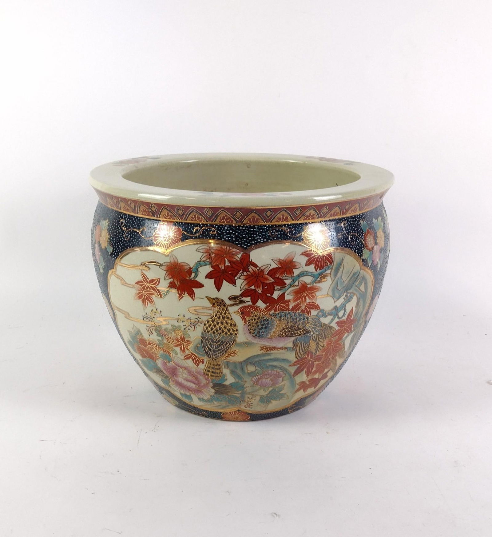 Large Asian Planter or Fishbowl: NOT ELIGIBLE FOR IN-HOUSE SHIPPING: See Terms for Shipping Options. Outside decorated with birds and floral decoration. Inside decorated with koi fish. 14-3/4" wide x 11-1/4" high.