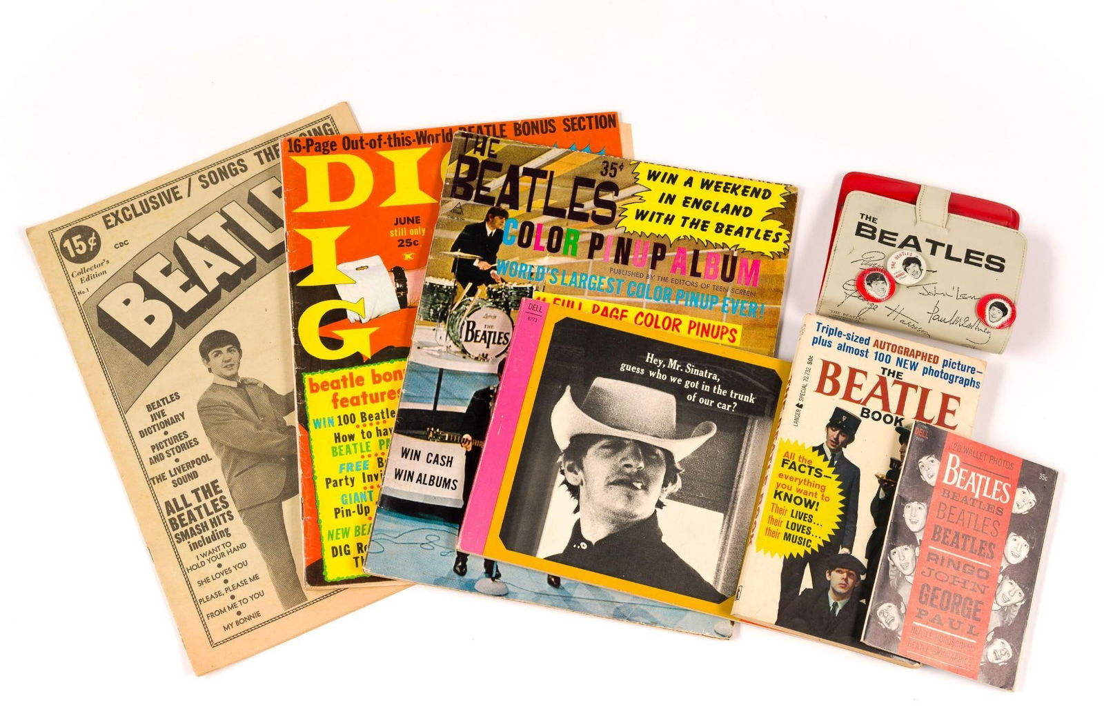 6 Beatles Publications & Beatles Wallet: Publications include "20 Wallet Photos"; "The Beatle Book"; "Out of the Mouths of Beatles"; and more. Various conditions.