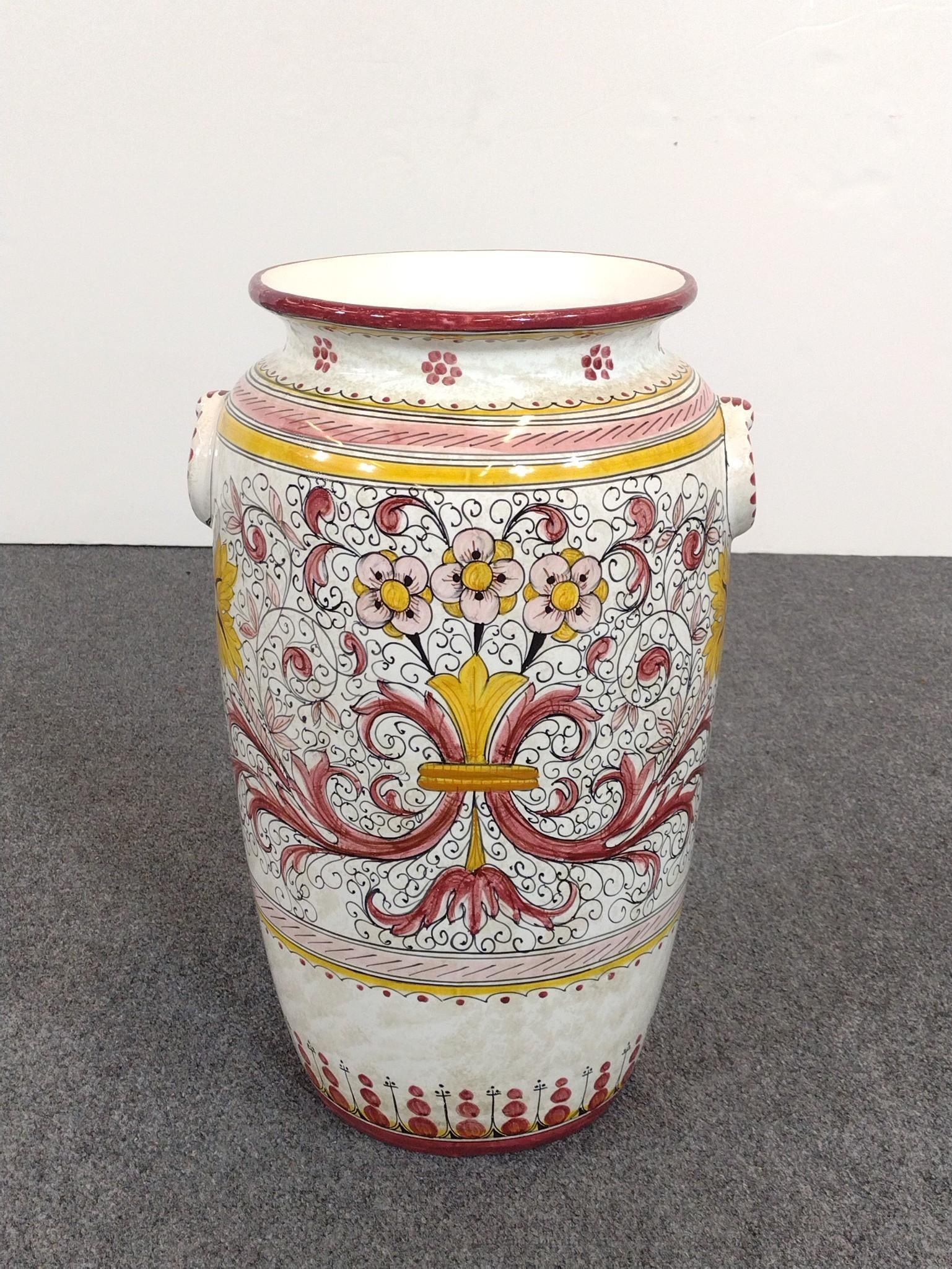 Deruta Porcelain Italian Vase or Umbrella Stand: NOT ELIGIBLE FOR IN-HOUSE SHIPPING: See Terms for Shipping Options. 12" wide x 21" high.