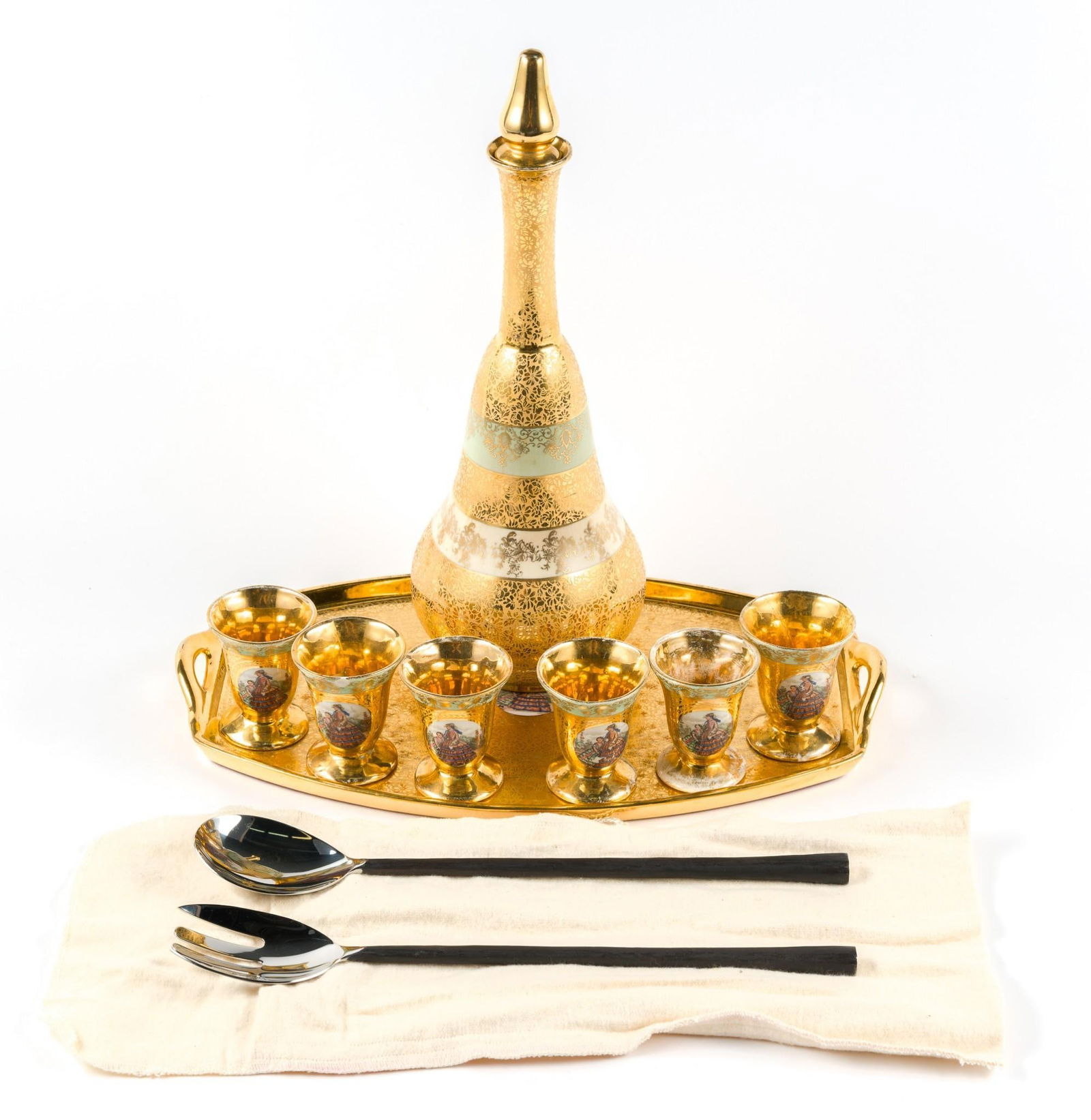 8 Pc Porcelain Drink Service & 2 Pcs Salad Set: Marked Le Mieux China. Serving utensils marked India.