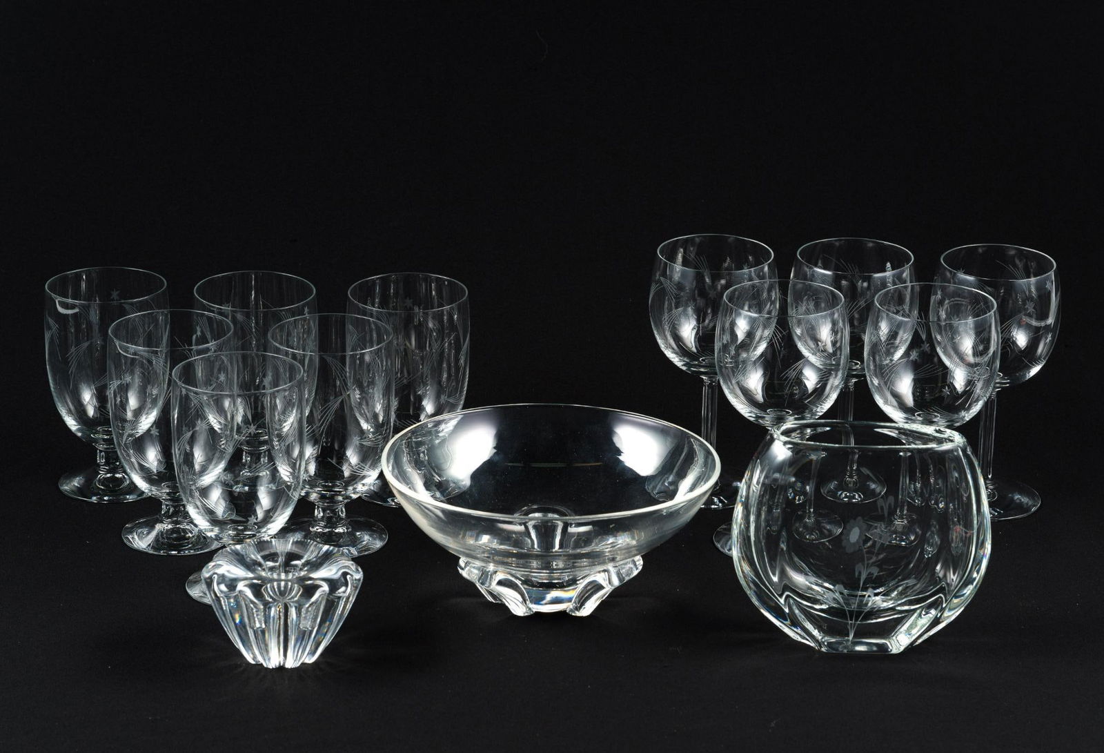 14 Pcs Etched Glass: No maker's marks. 3" to 3-3/4" wide x 2" to 6-1/4" high.