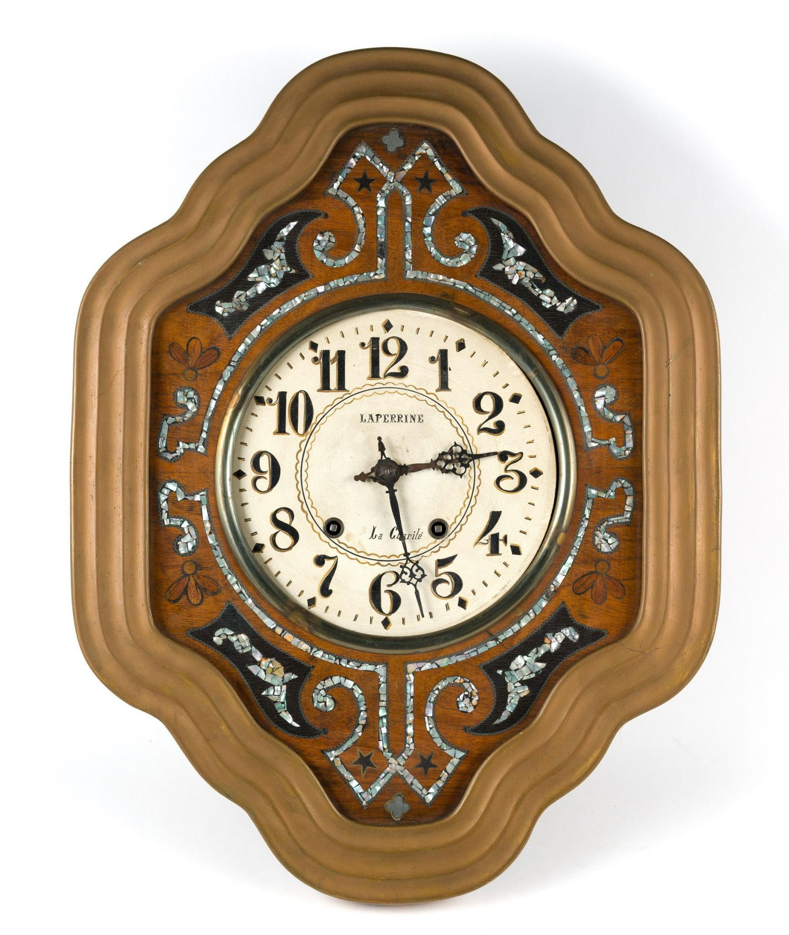 Laperrine La Charite Wall Clock: NOT ELIGIBLE FOR IN-HOUSE SHIPPING: See Terms for Shipping Options. Not currently running. With pendulum & key. 18-1/4" wide x 4-3/4" deep x 24-1/4" long