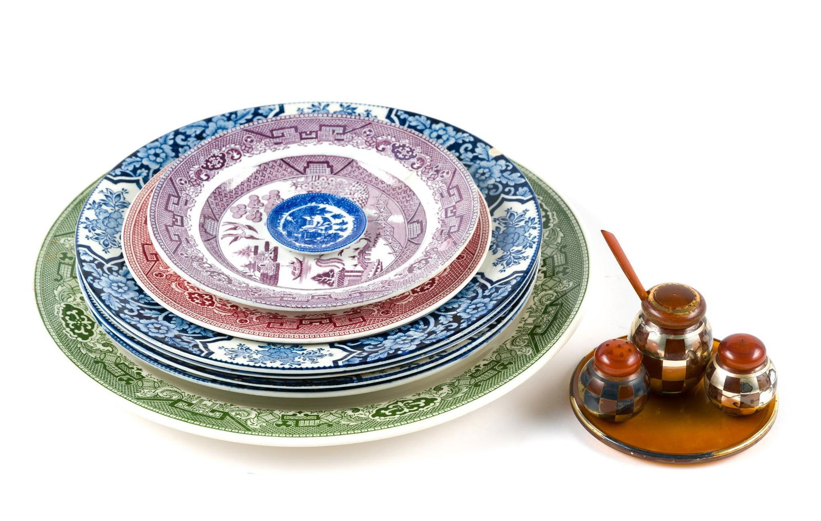 8 English Porcelain Plates & Bakelike Serving Set: Plates include Willow Ware. Serving set for Salt, Pepper, and Honey. Plates measure 2-1/4" to 12-1/2" wide.