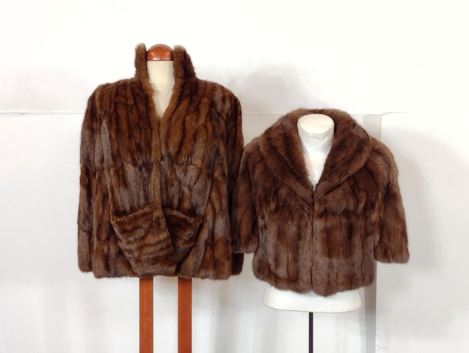 2 Fur Coats: Includes Feller's & Bowman's. Shoulder to shoulder 18" wide.